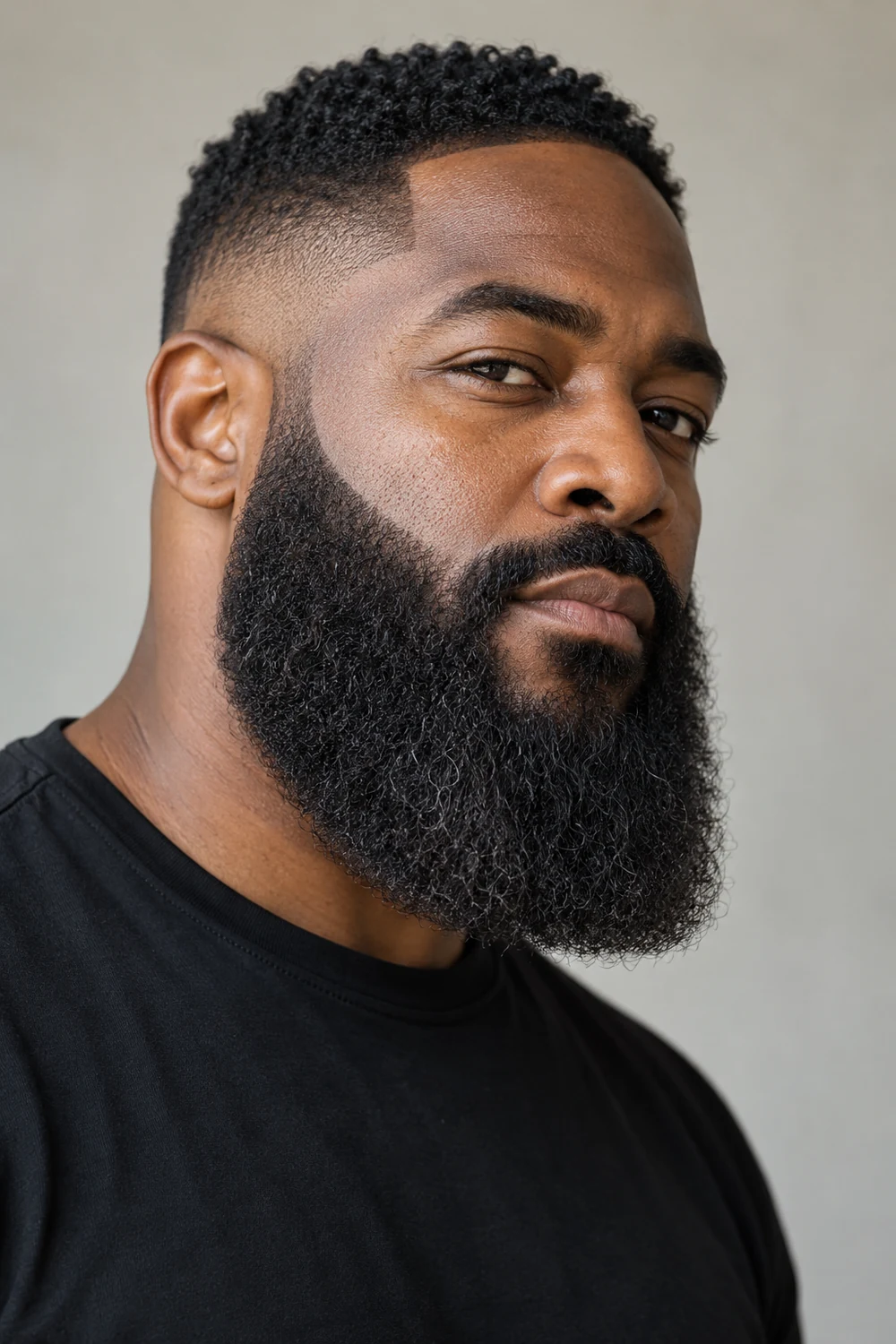 Fictional adult Black man in a black crew-neck shirt, wearing a long, dense coiled beard with a broad squared tip and connected mustache.