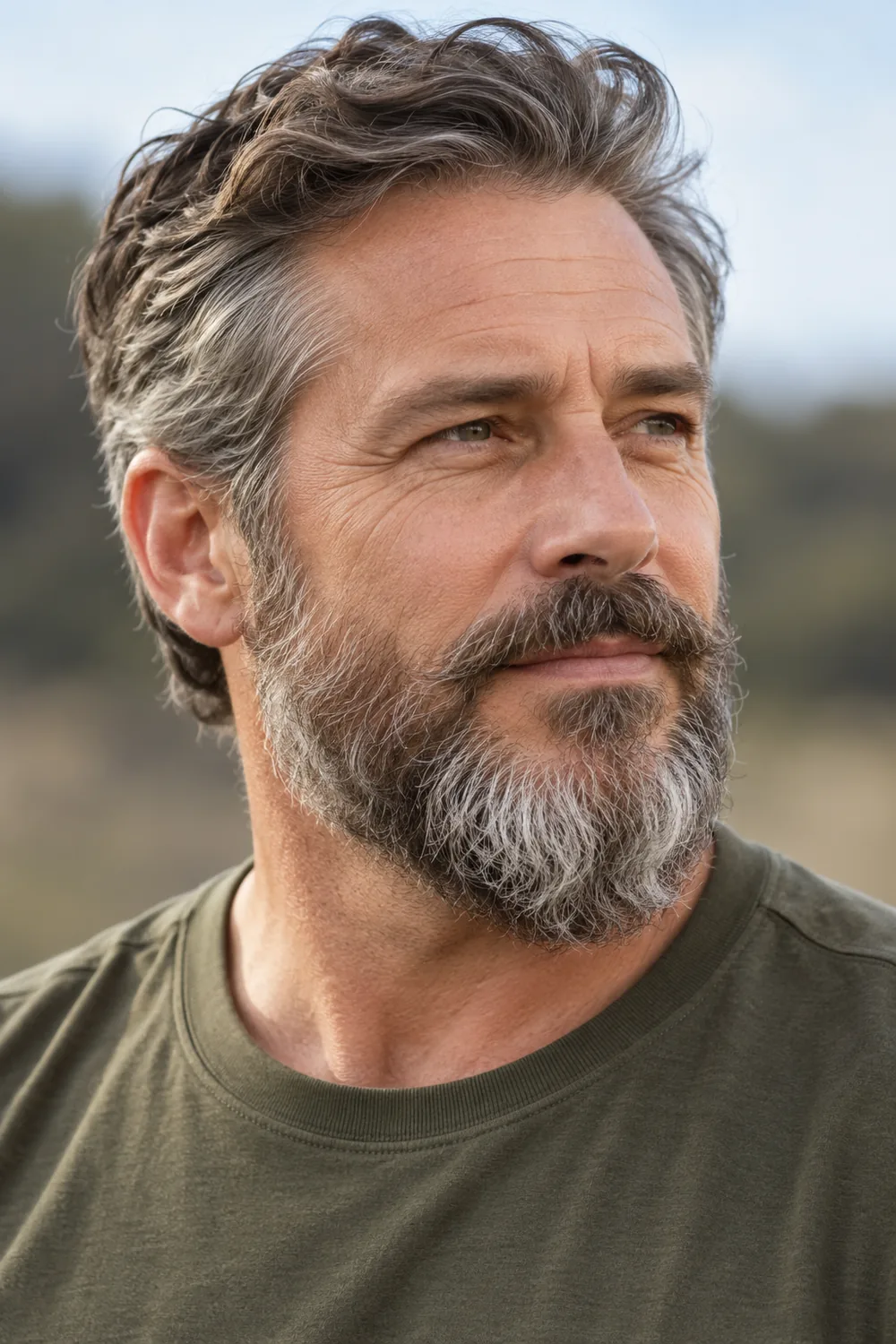Three-quarter portrait of a mature man with a medium salt-and-pepper wavy beard, softly tapered sideburns and separated mustache.