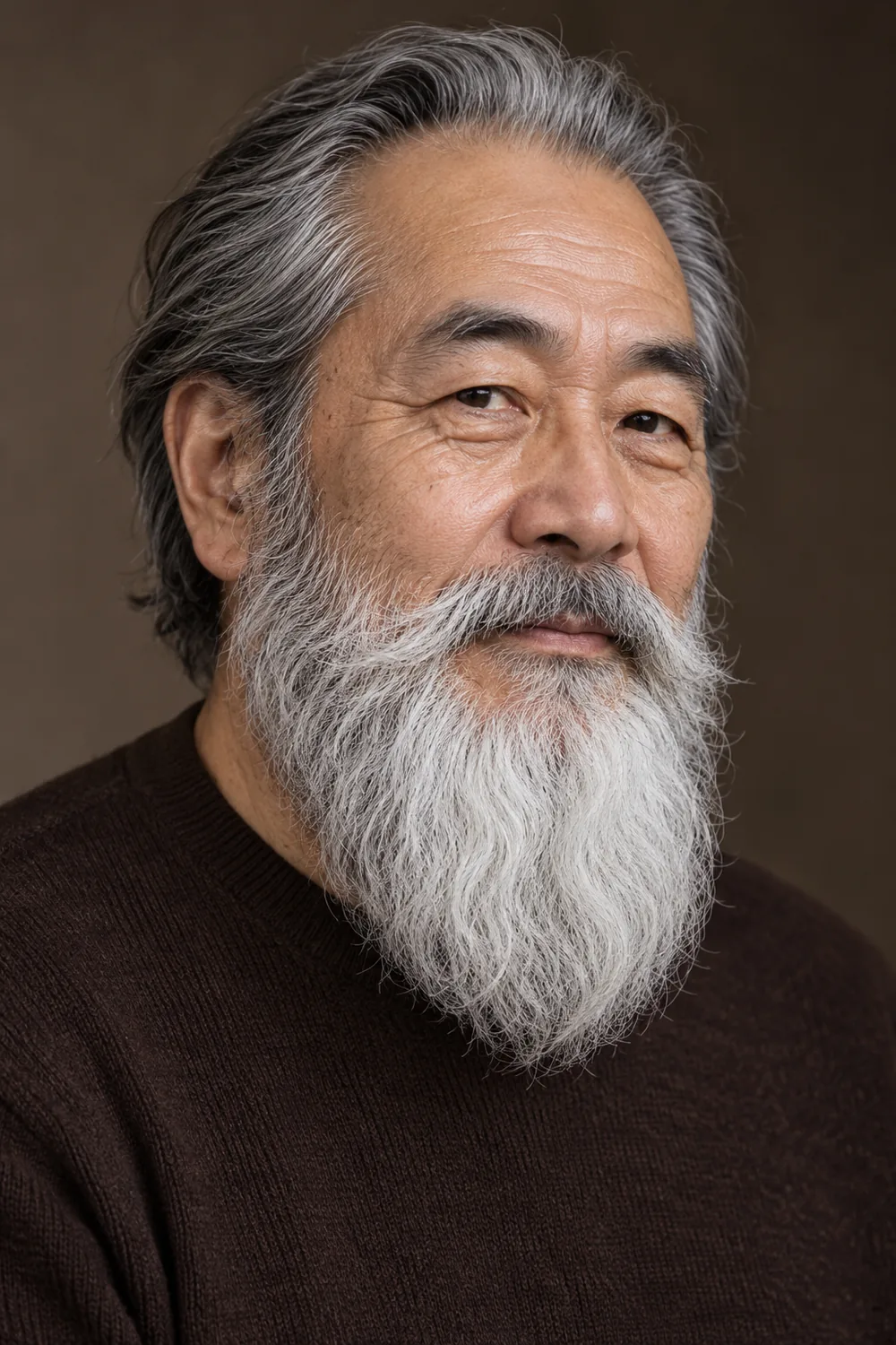 Fictional older Japanese man in a dark brown sweater, shown at a three-quarter angle with a long rounded white beard, darker gray at the sideburns, and a broad connected mustache.
