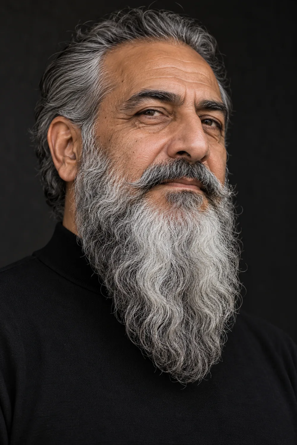 Mature man with a long, wavy silver beard tapering to a rounded point and a full connected mustache.
