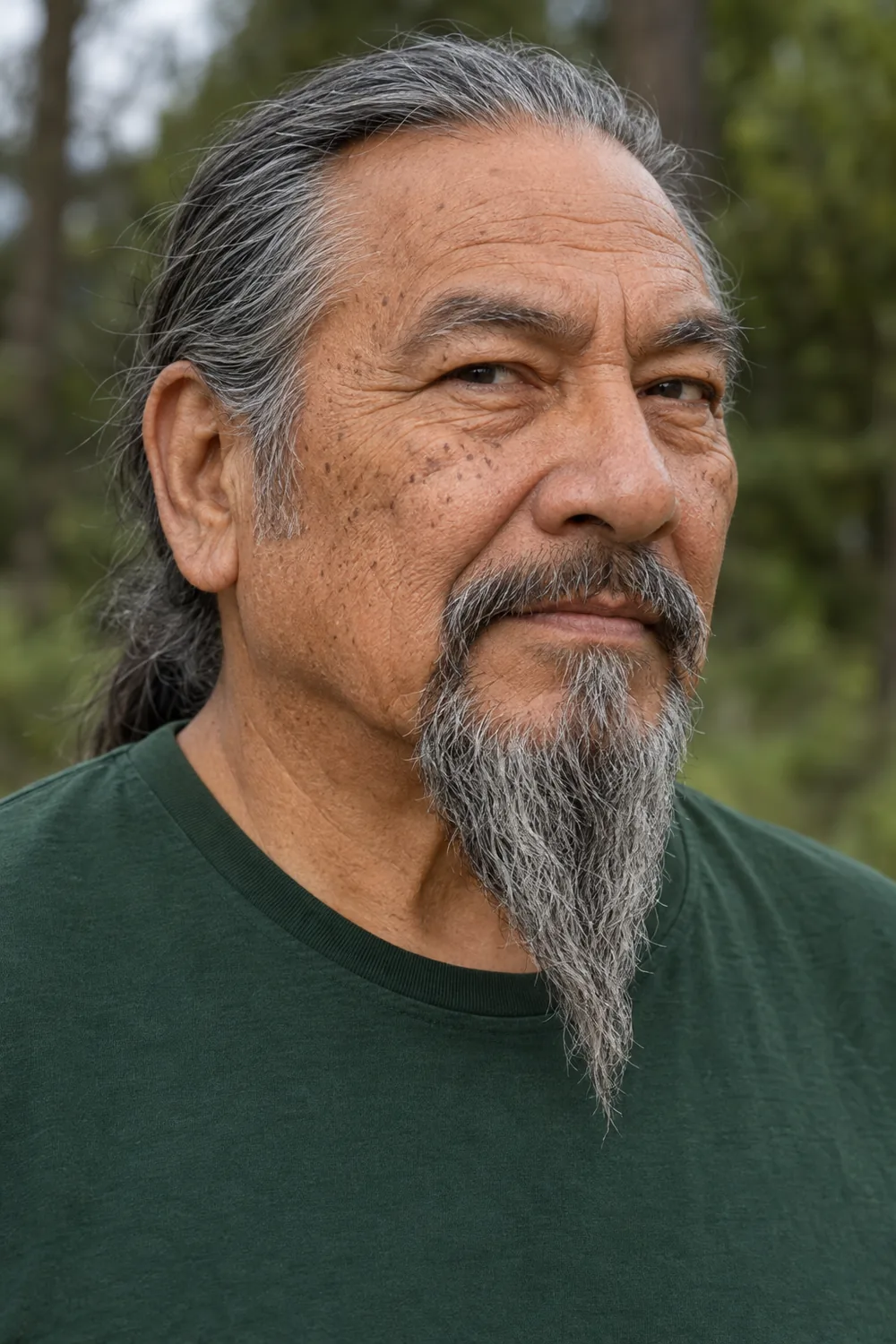 Mature Indigenous man with a connected salt-and-pepper extended goatee, bare cheeks and jaw, and a long tapered chin point.