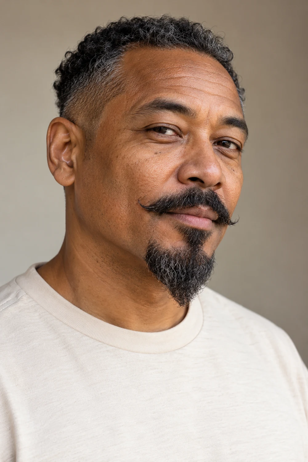 Three-quarter portrait of a mature man with a pointed salt-and-pepper Van Dyke beard, separate swept mustache, and clean-shaven cheeks.
