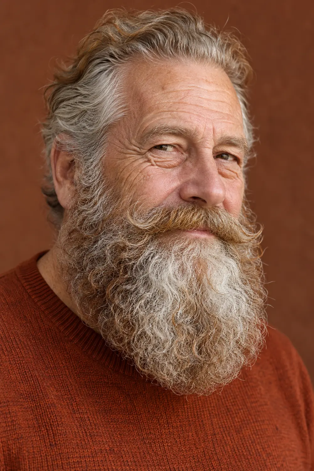 Mature man with a broad, curly Garibaldi beard in auburn, gray, and white, and a connected mustache with curled ends.