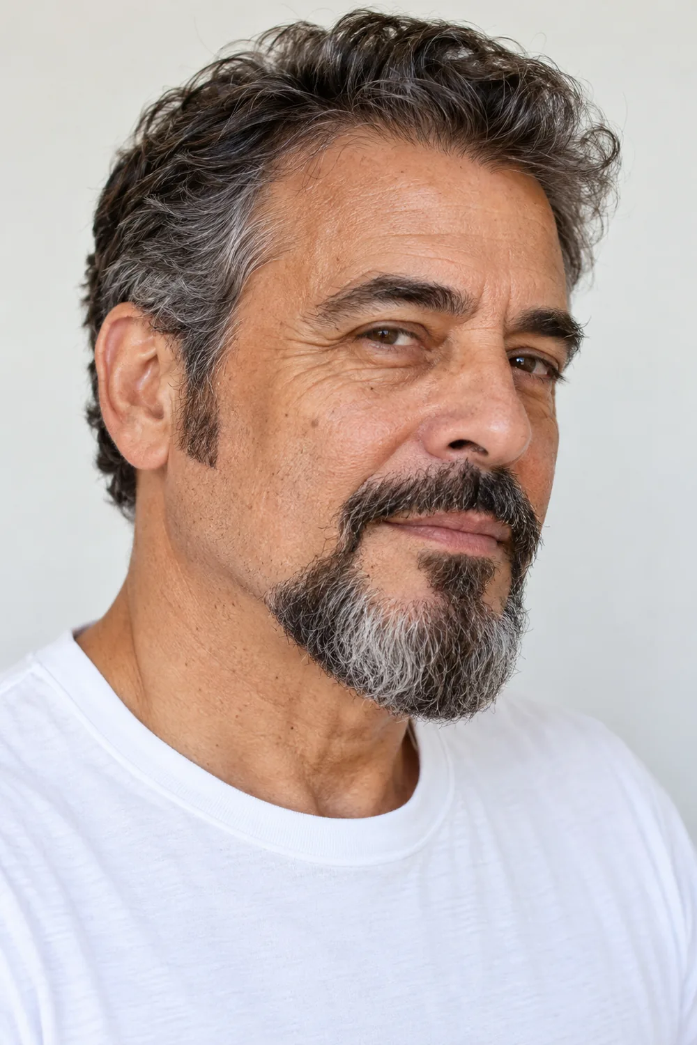 Three-quarter portrait of a mature man with a dark and gray Balbo beard, separated short sideburns, mustache gaps, and a squared chin.