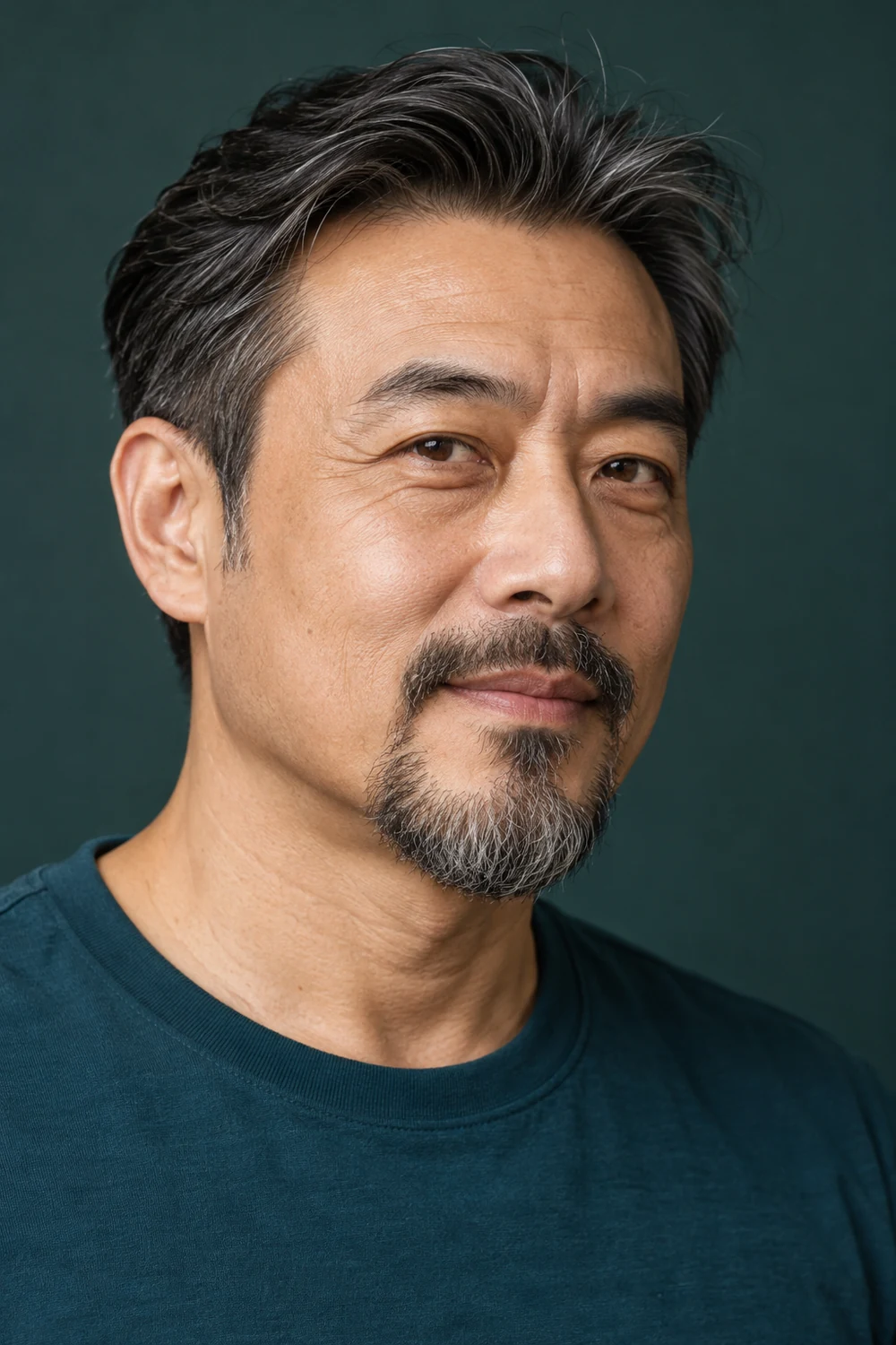 Three-quarter portrait of a mature Chinese man with a short circle beard, gray strands at the chin, a connected curved mustache, and clean-shaven cheeks.