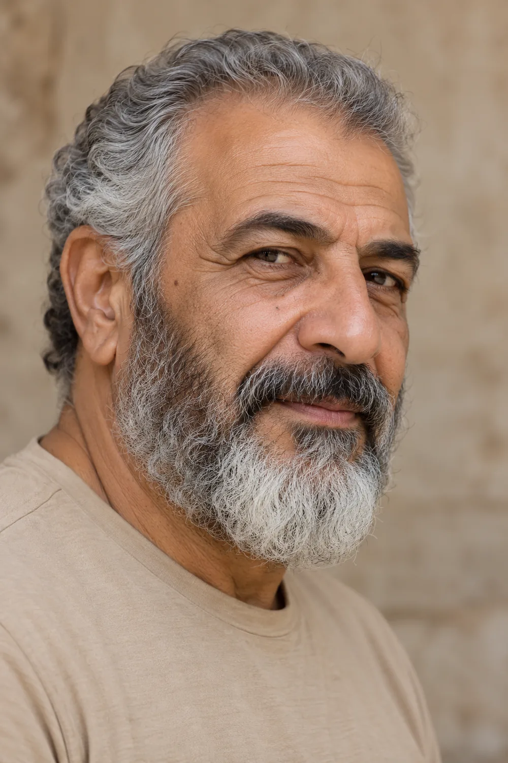 Mature Arab man with silver temple hair and a curly, medium-length beard that is darker on the cheeks and silver white at the rounded chin, photographed at a three-quarter angle.