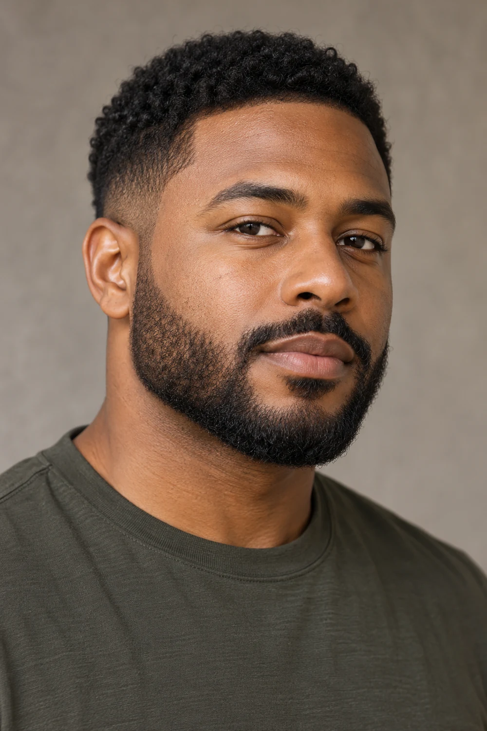 Adult man with a compact short boxed beard, softly squared chin, and connected neat mustache.