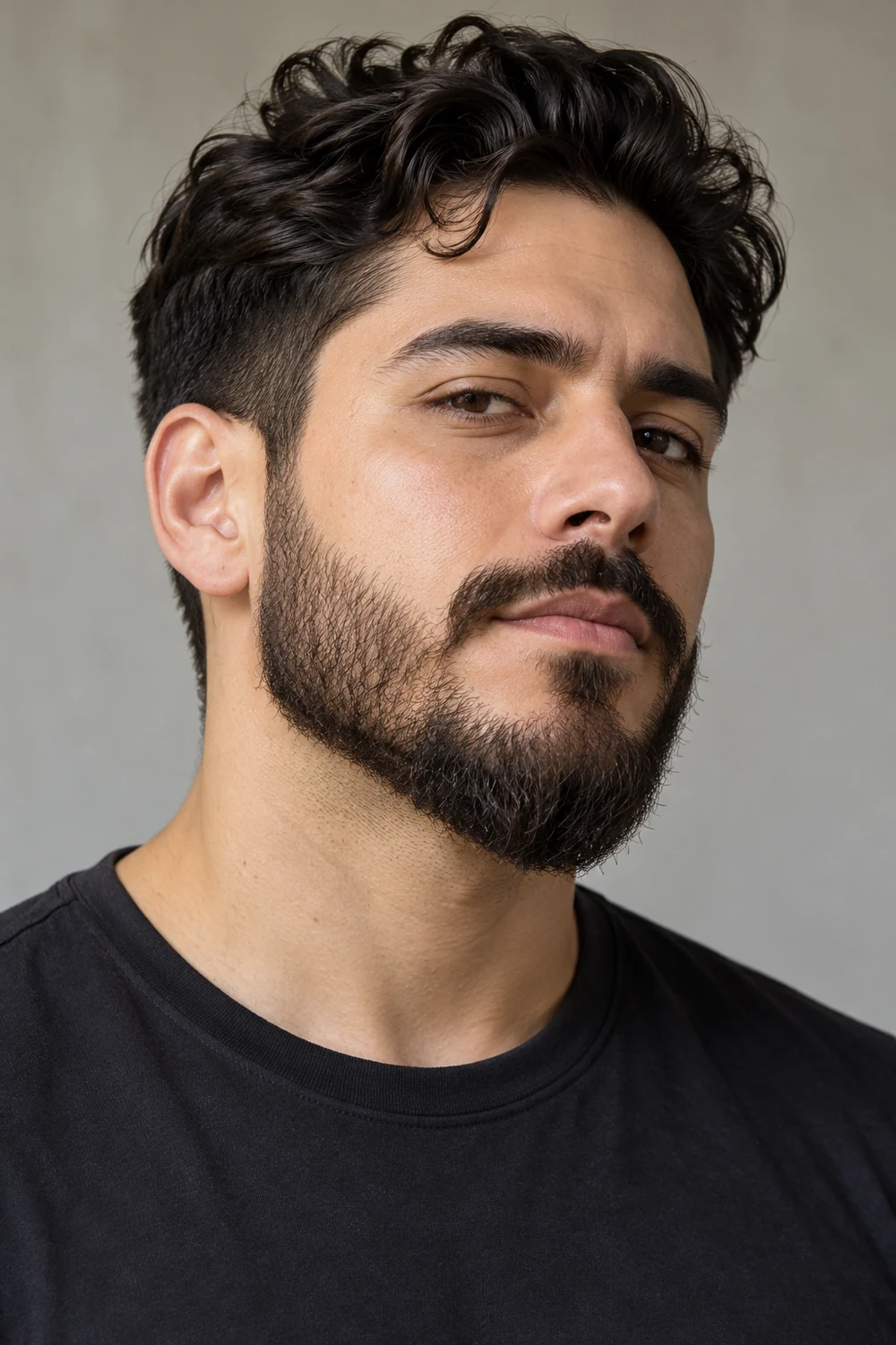 Adult man with a tapered chin beard, close sides, and narrow connected mustache.
