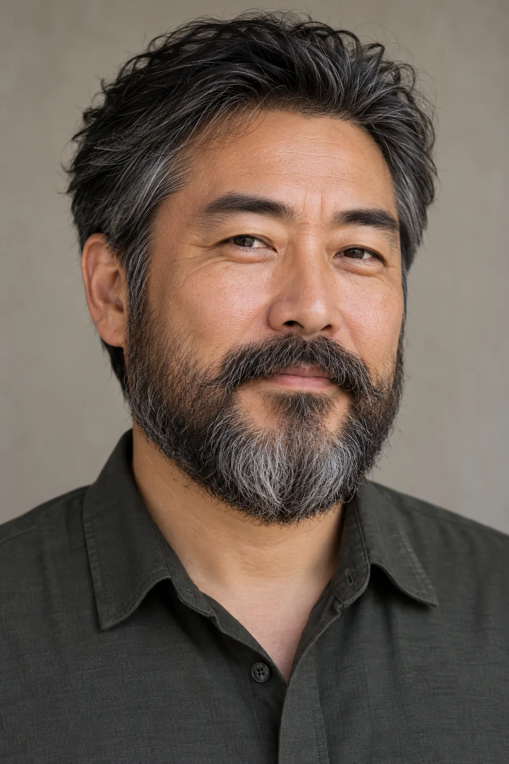 Fictional adult East Asian man with a medium full salt-and-pepper beard, low curved cheek lines, rounded chin, and broad connected mustache.