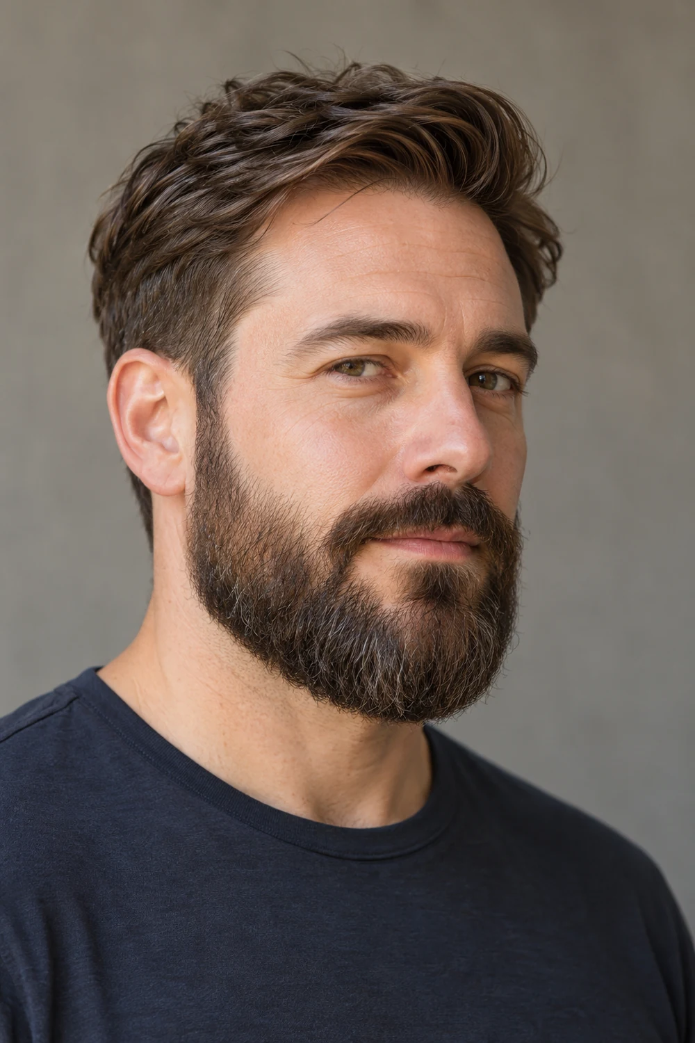 Three-quarter portrait of an adult man with a dense medium beard, high defined cheek line, softly rounded chin and connected mustache.