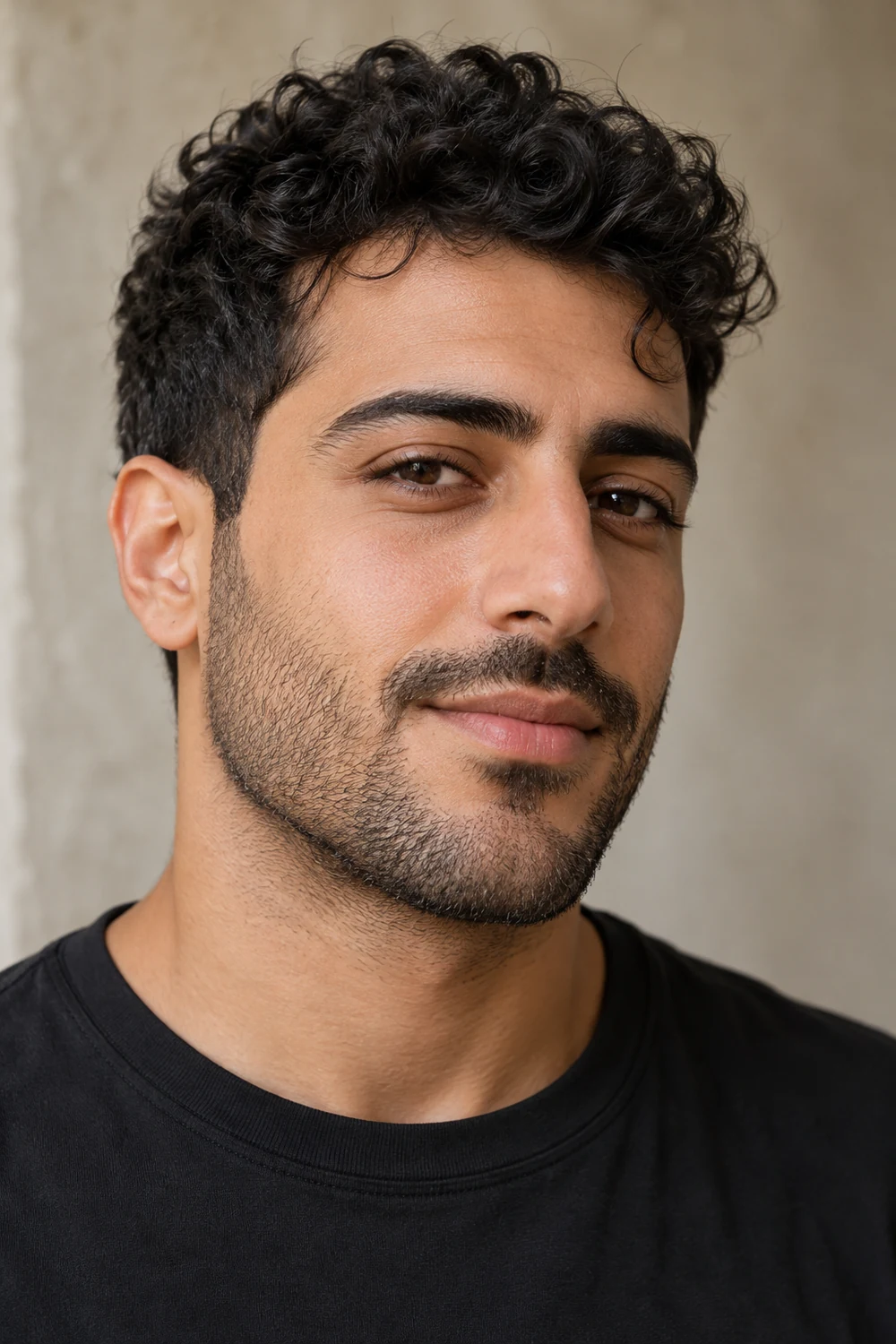 Adult man with even soft stubble across cheeks, jaw, chin, and a matching close mustache.