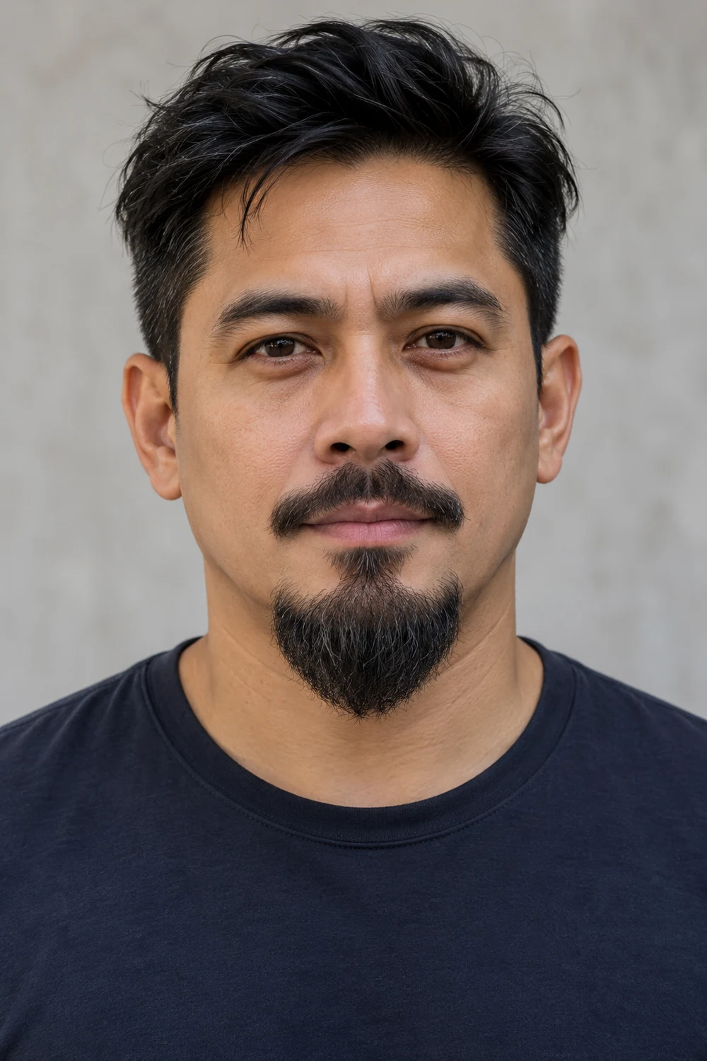 Frontal portrait of an adult man with an extended goatee, bare cheeks, a rounded chin point, and a separated mustache.