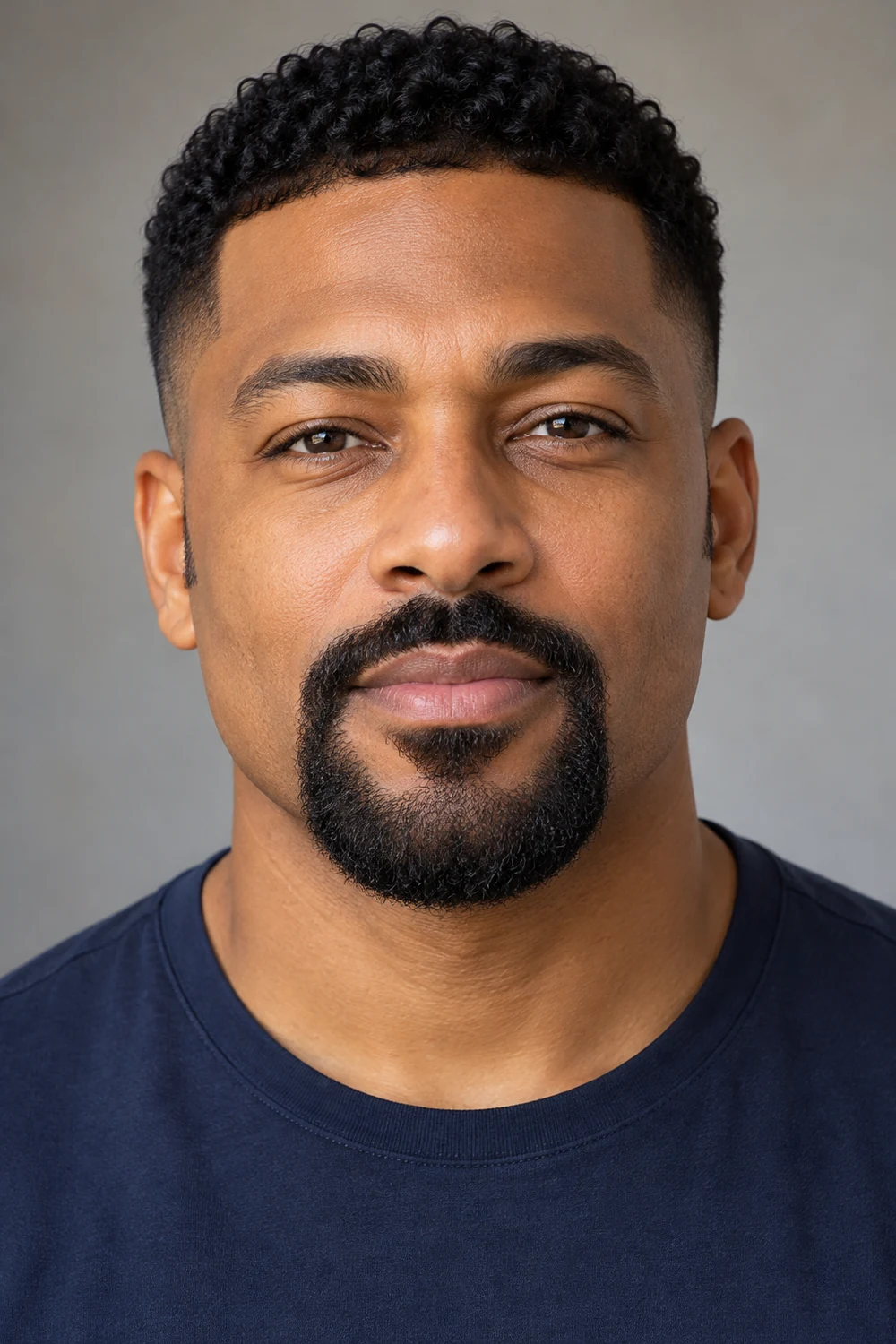 Adult man wearing a compact circle beard with a rounded connected mustache and clean cheeks.
