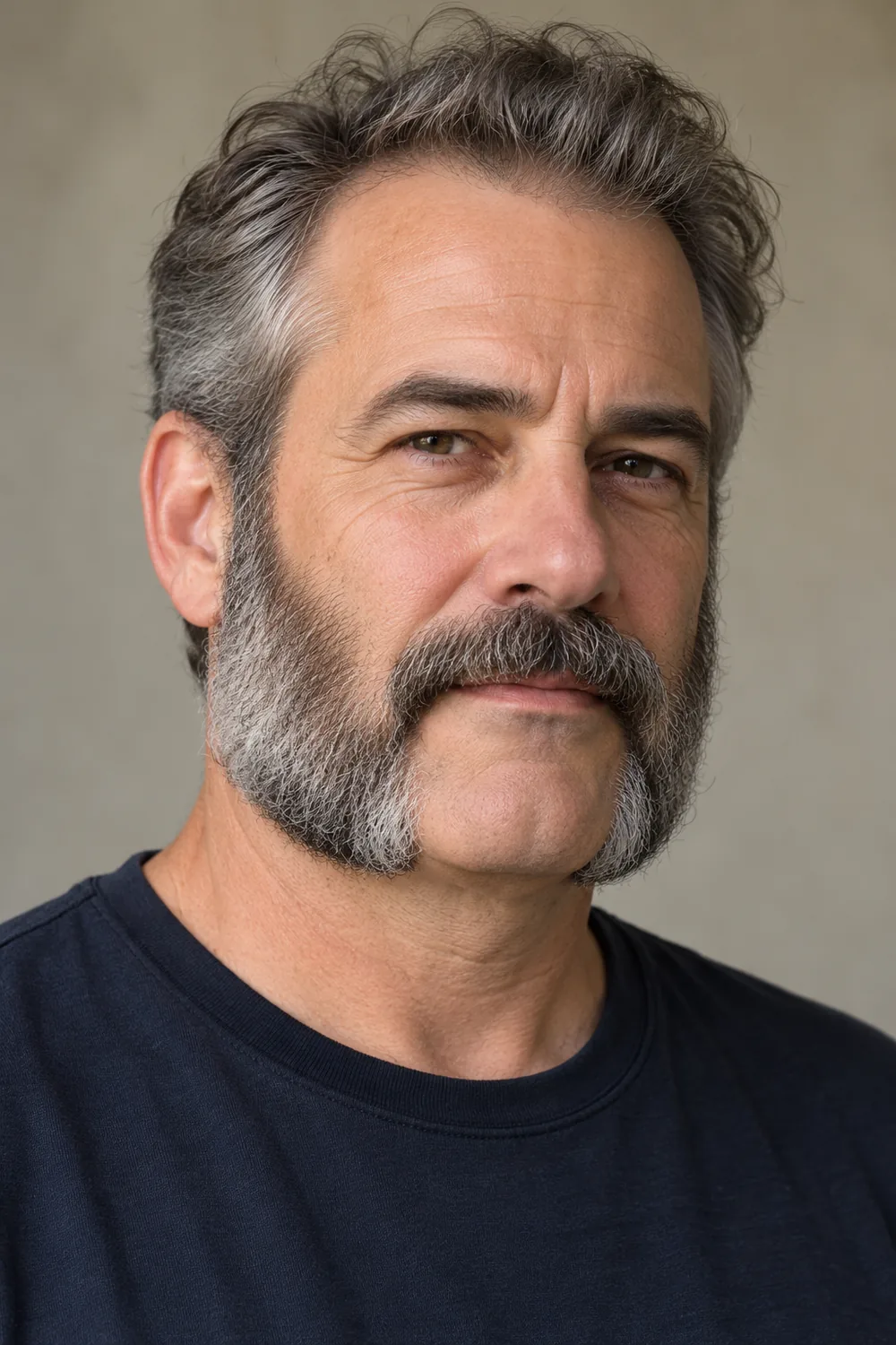 Three-quarter portrait of an adult man with salt-and-pepper mutton chops along the cheeks and jaw, a shaved chin, and a mustache separated by clean gaps.