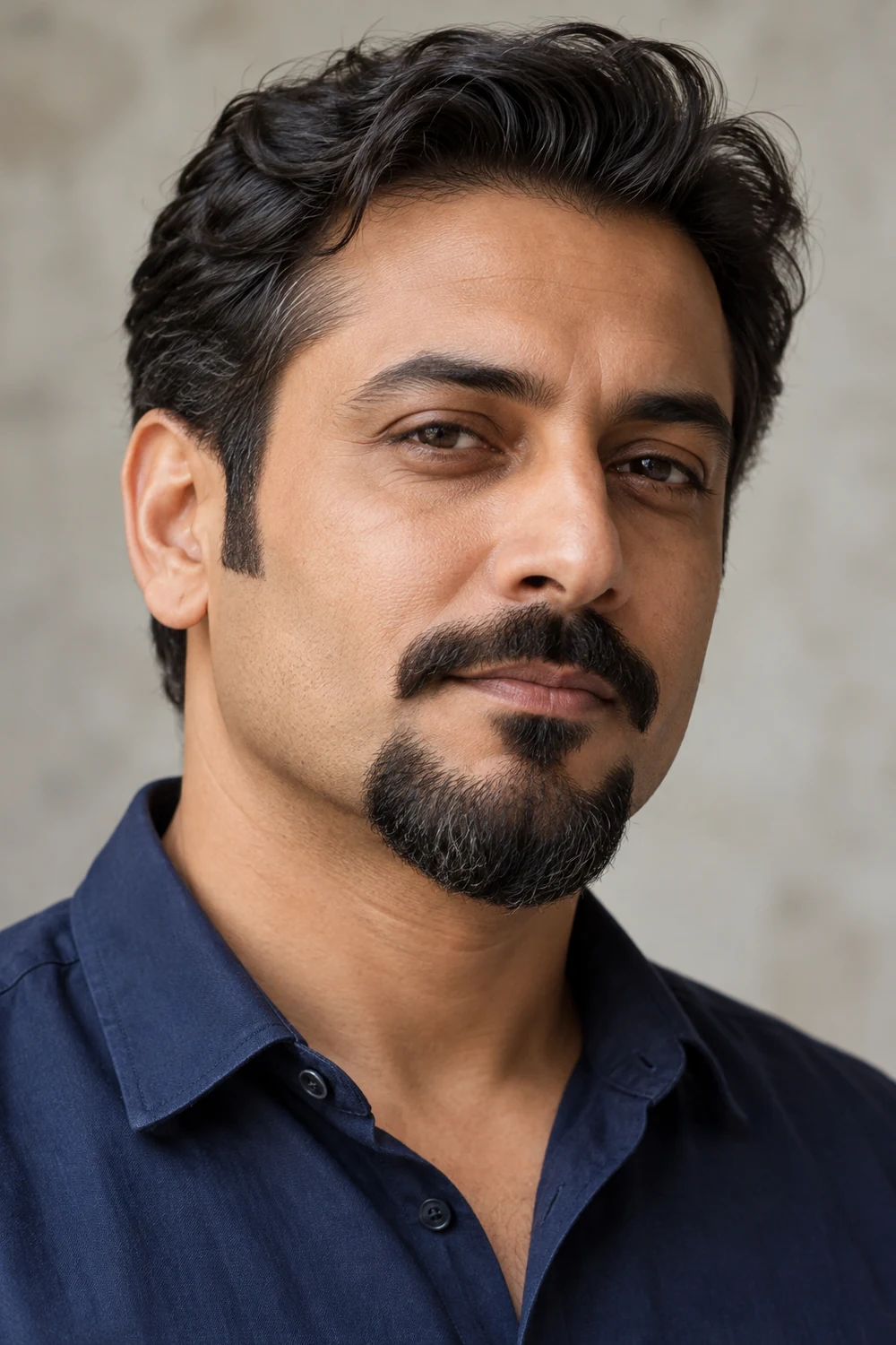 Adult South Asian man with a shaped Balbo beard, disconnected mustache, clean cheeks, and rounded chin base.