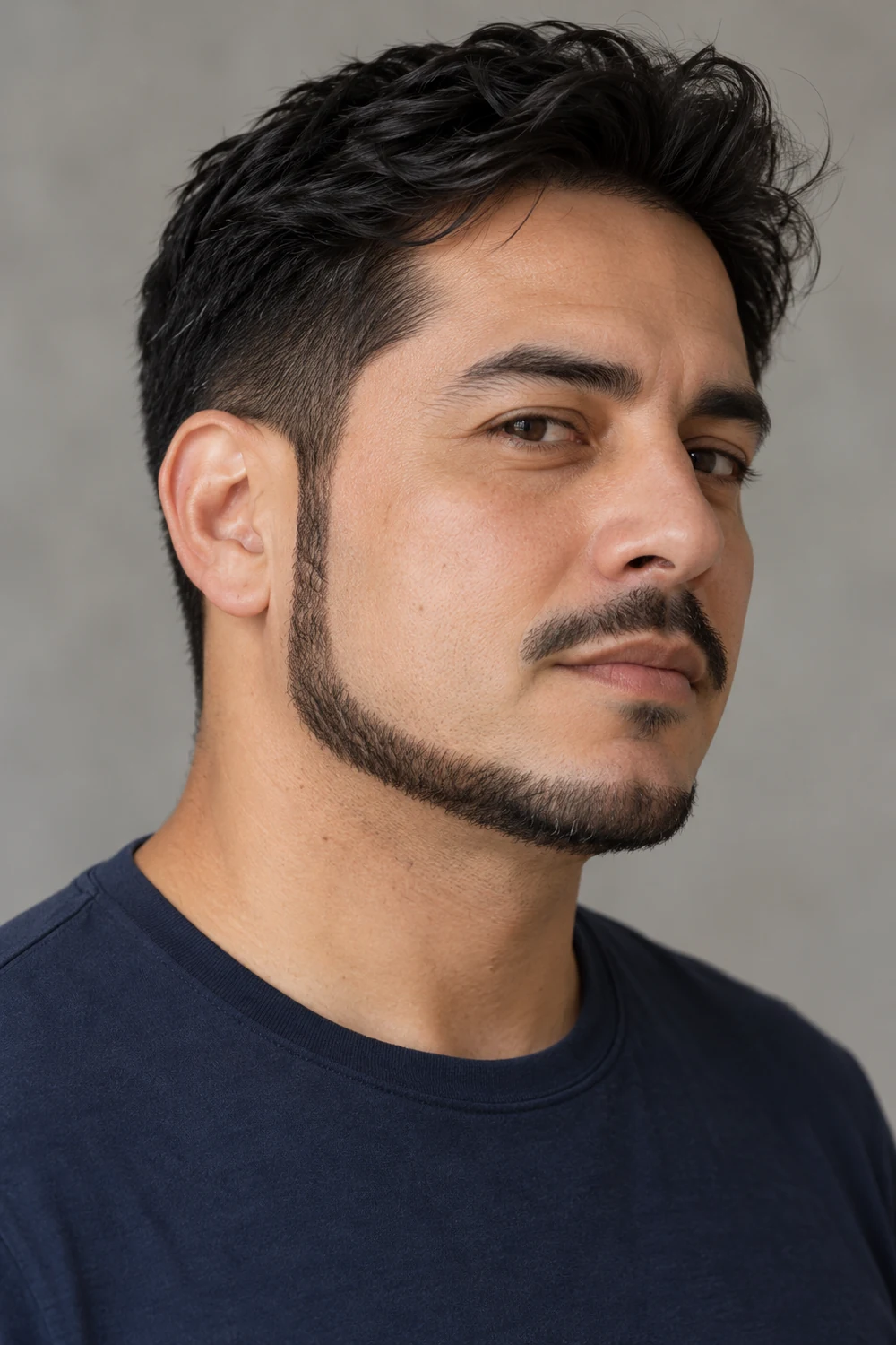 Adult man in three-quarter view with a narrow dark chin strap, shaved cheeks, and a fine mustache disconnected at the corners of the mouth.