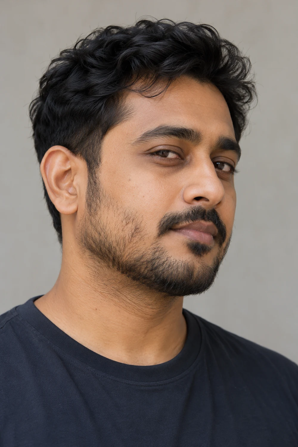 Three-quarter portrait of an adult South Asian man with short beard growth concentrated along his jaw and chin, sparse upper cheeks, and a narrow mustache.