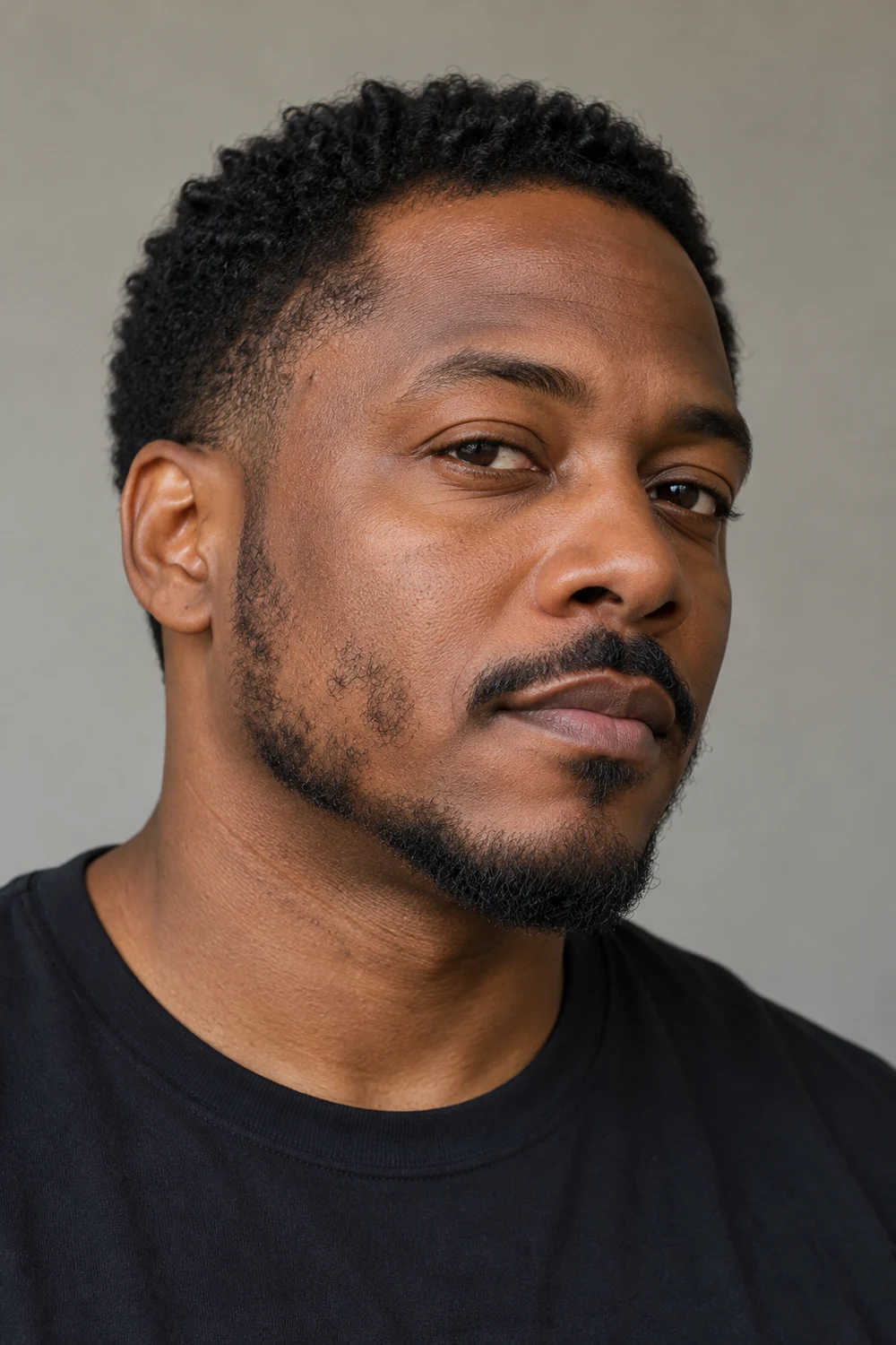 Three-quarter portrait of an adult Black man with a short jaw strap, sparse interrupted cheek growth, compact chin beard, and disconnected slim mustache.