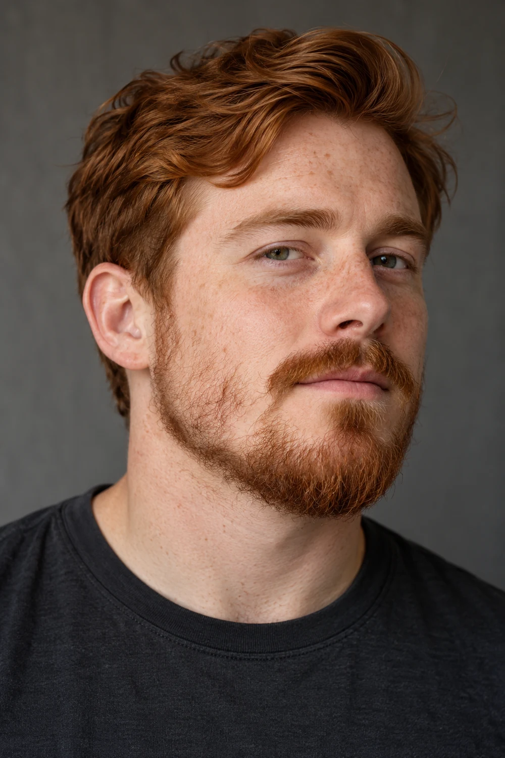 Three-quarter portrait of a freckled man with sparse auburn cheek growth, a rounded fuller chin beard, and a compact mustache.