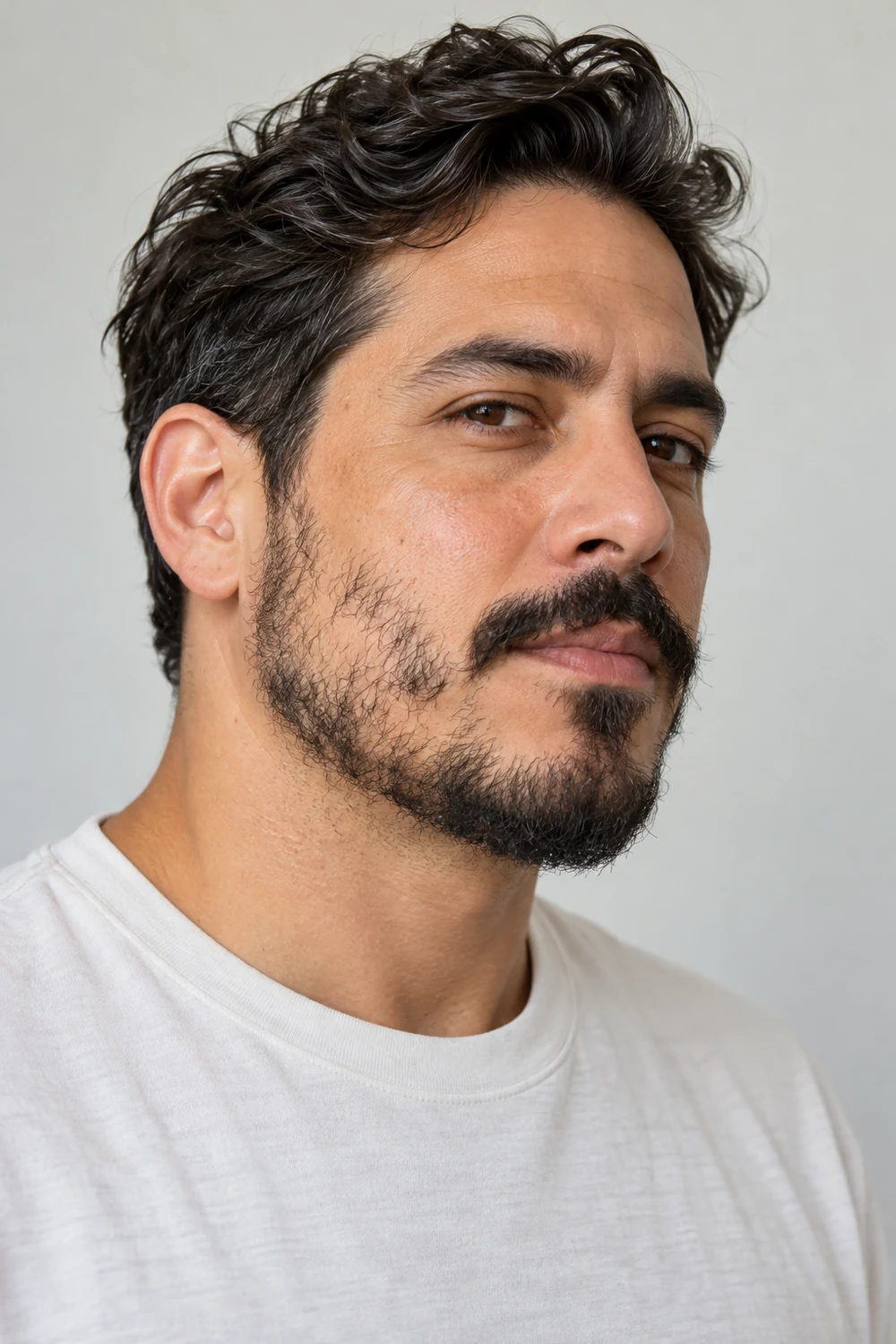 Three-quarter portrait of an adult man with a short tapered beard, patchy cheek growth, and a fuller-center mustache separated from the beard.
