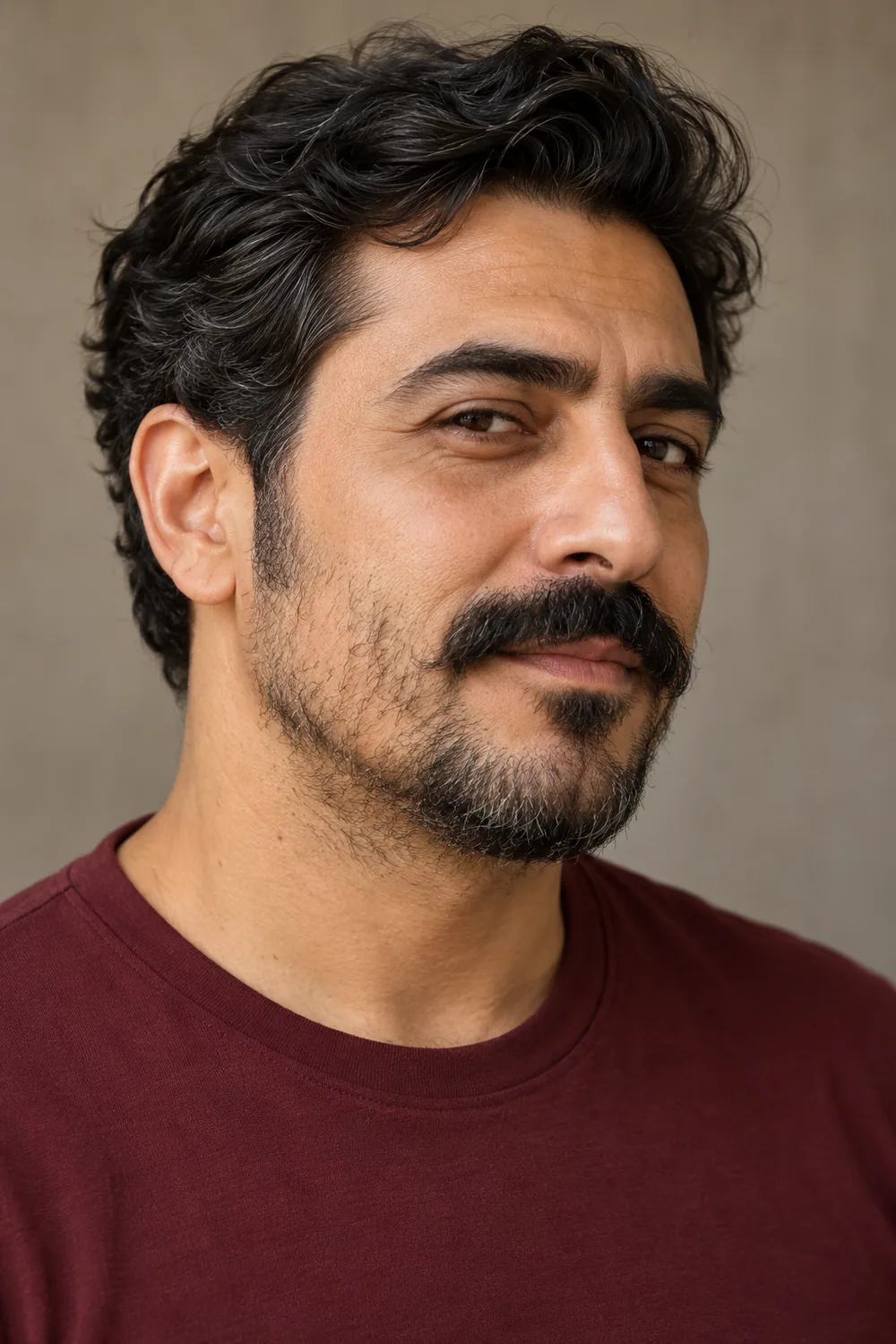 Three-quarter portrait of an adult man with a full dark mustache, sparse interrupted cheek growth, and a short rounded beard along the jaw and chin.