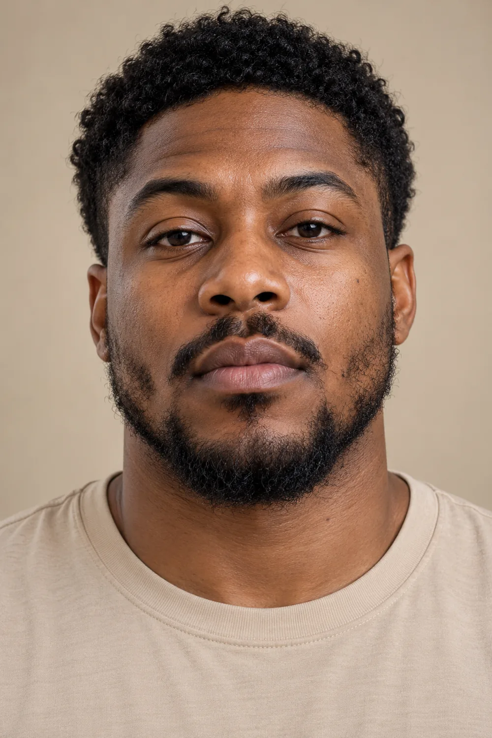 Straight-on portrait of a Black man in a beige shirt with a compact coily lower-jaw beard, sparse cheek growth, and a mustache separated at both corners.