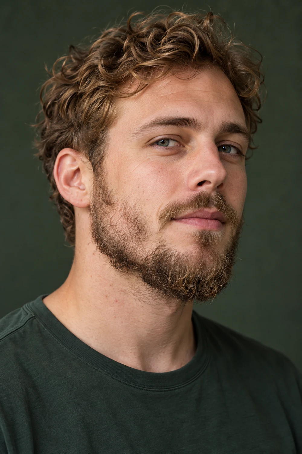 Three-quarter portrait of a curly dark-blond-haired man in a forest-green shirt, showing a short patchy beard with sparse cheeks, softly blended sideburns, and a narrow mustache.