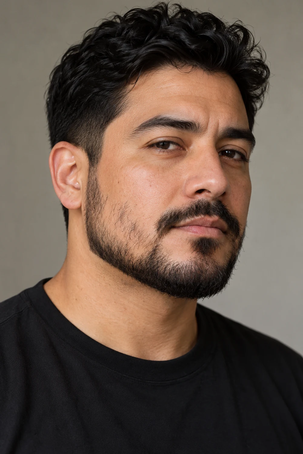 Three-quarter portrait of an adult man with a short boxed lower beard, uneven sparse cheek growth, squared chin corners, and a short subtly connected mustache.
