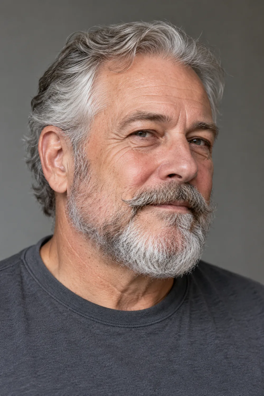 Three-quarter portrait of an older man with wavy silver hair, a broad curved mustache, and a rounded silver beard with sparse cheek growth.