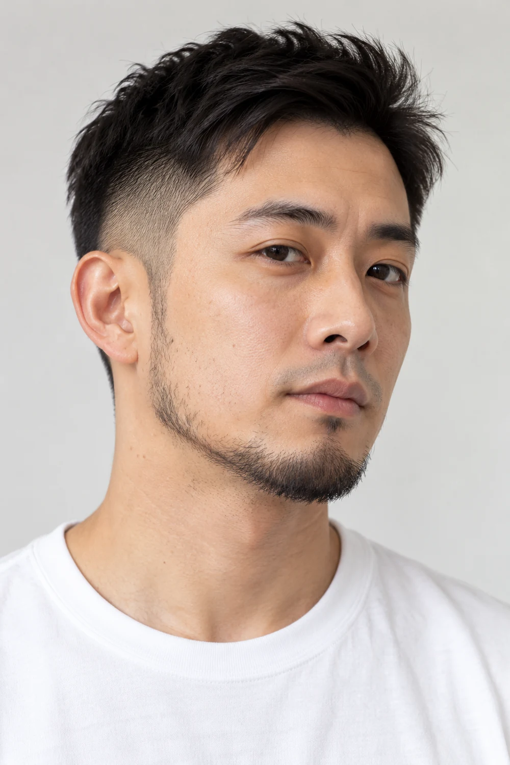 Three-quarter portrait of an adult East Asian man with a slim chin strap, sparse uneven cheek growth, tapered sideburns, and a clean-shaven upper lip.