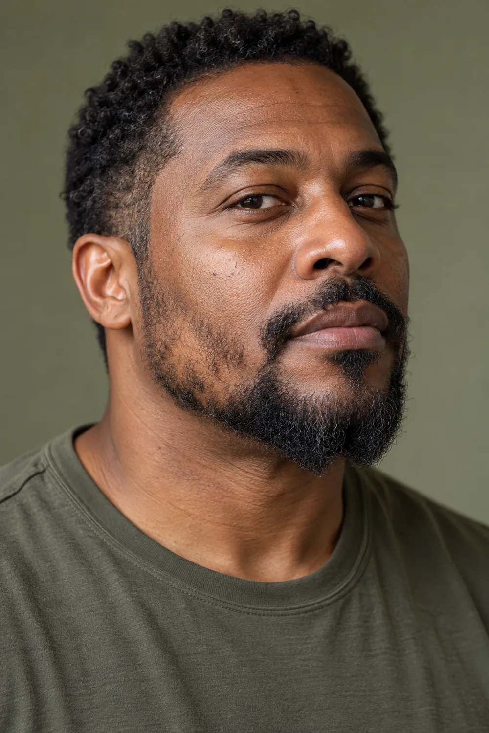 Three-quarter portrait of a Black man with a short, subtly forked beard, sparse cheek growth, and a narrow mustache more connected on one side.