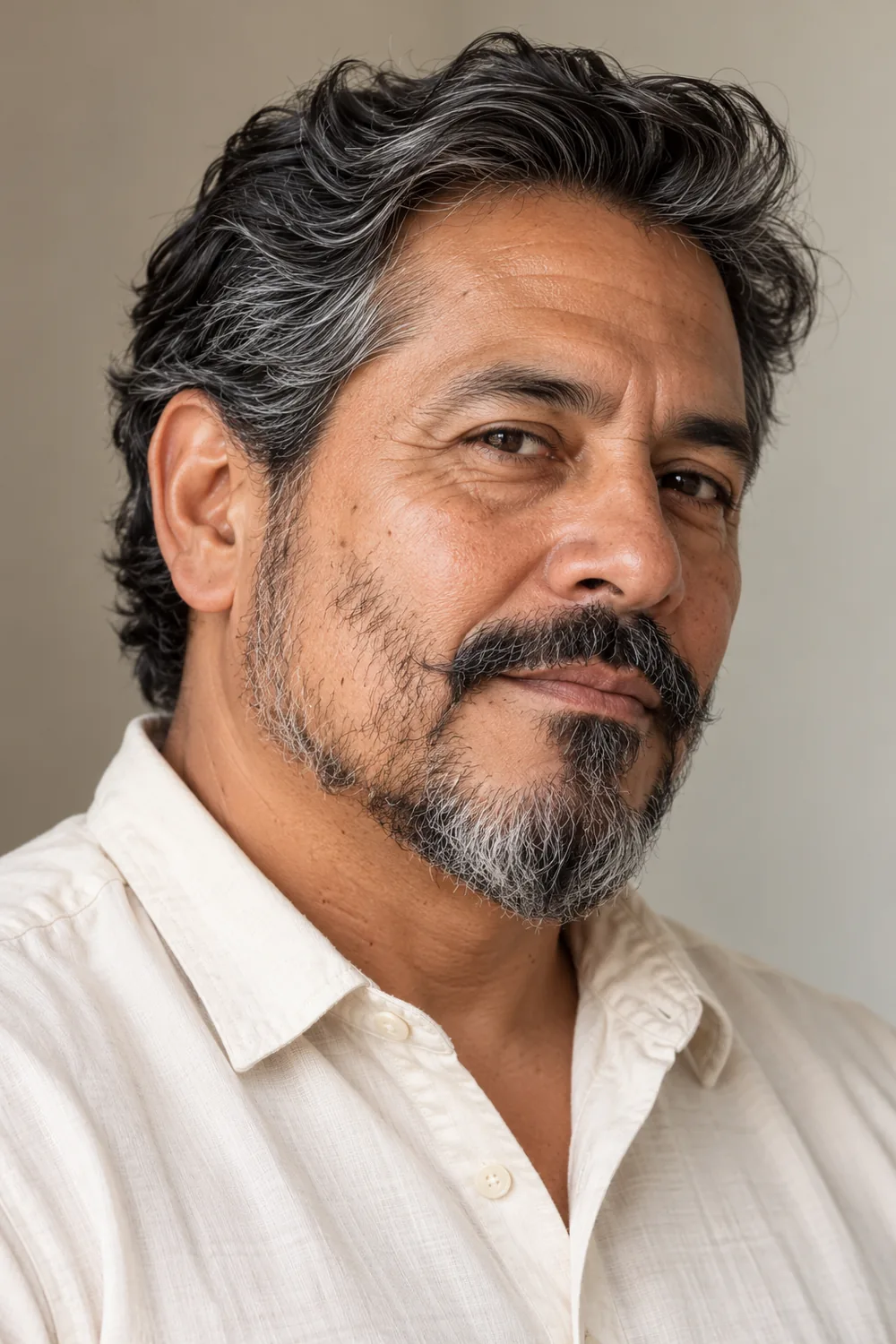 Three-quarter portrait of a middle-aged man with gray-streaked wavy facial hair, sparse cheek patches, a tapered pointed chin beard, and a connected curved mustache.