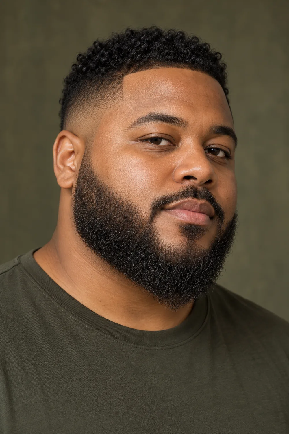 Fictional adult Black man with a round face, wearing a dense textured beard tapered to a soft chin point, a connected mustache, and a dark olive shirt.