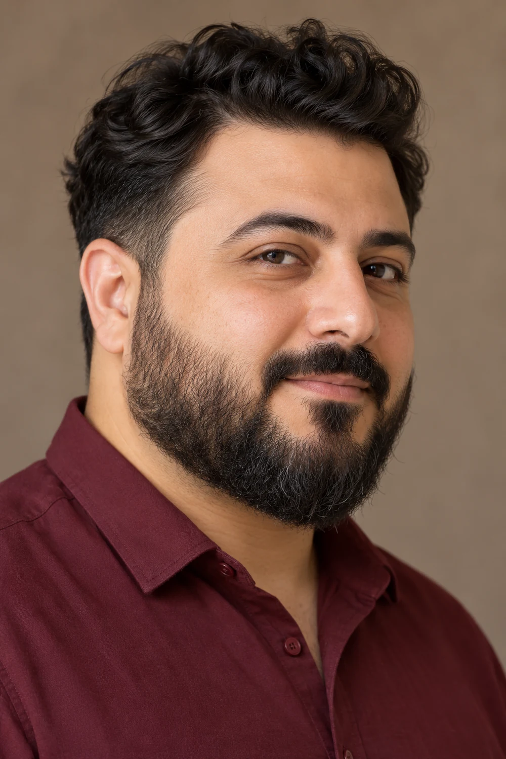 Fictional adult Middle Eastern man with a round face wearing a medium beard with a low soft cheek line, connected mustache, and rounded fuller chin.