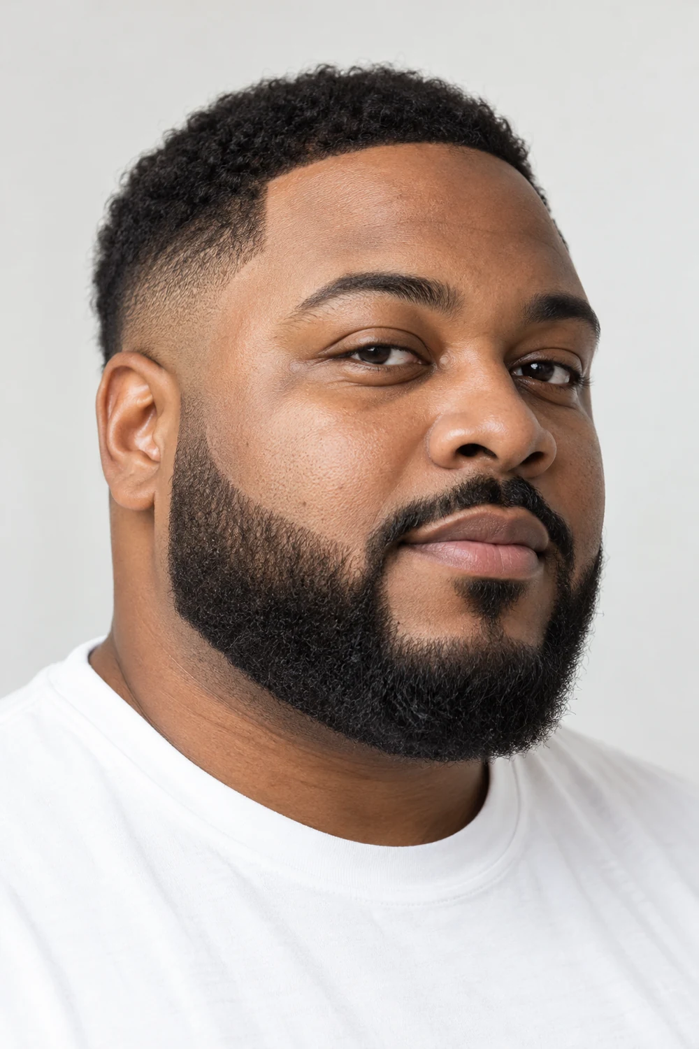 Fictional adult Black man with a round face, wearing a compact full beard with crisp high cheek lines, faded sideburns, a connected mustache, and a gently squared chin.