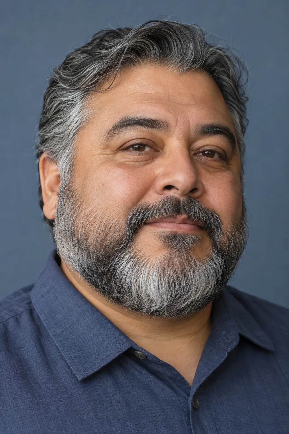 Fictional adult man with a round face wearing an even, gray-streaked medium beard with a broad rounded chin and connected mustache.