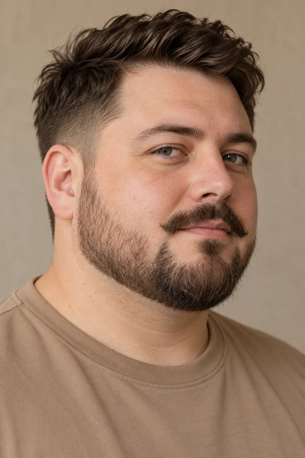 Round-faced adult man with a broad brown mustache, short rounded beard, lighter cheek growth and a tan crew-neck shirt.