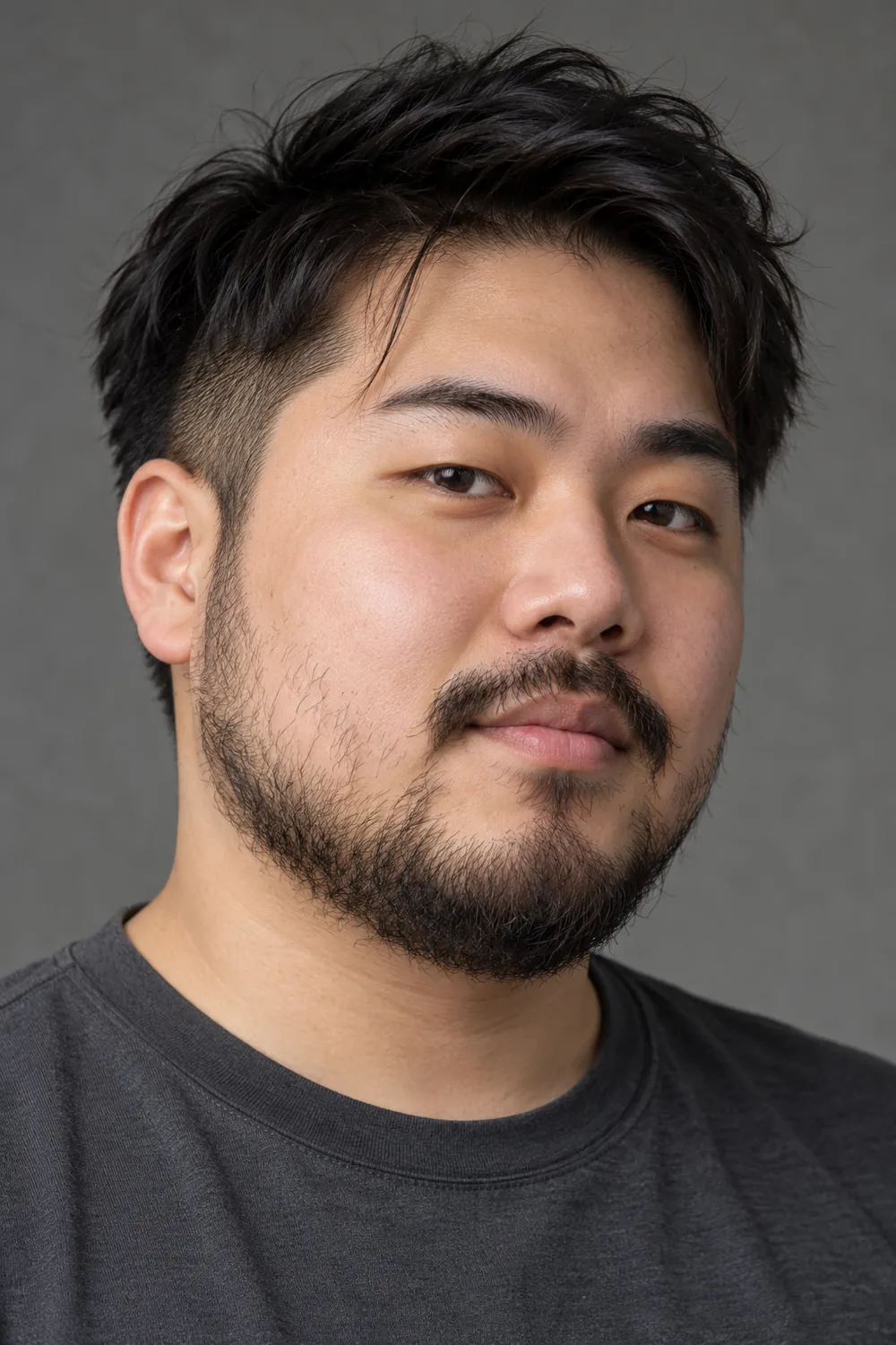 Fictional adult East Asian man with a round face, patchy cheek growth, and a denser short beard around his jaw and chin.