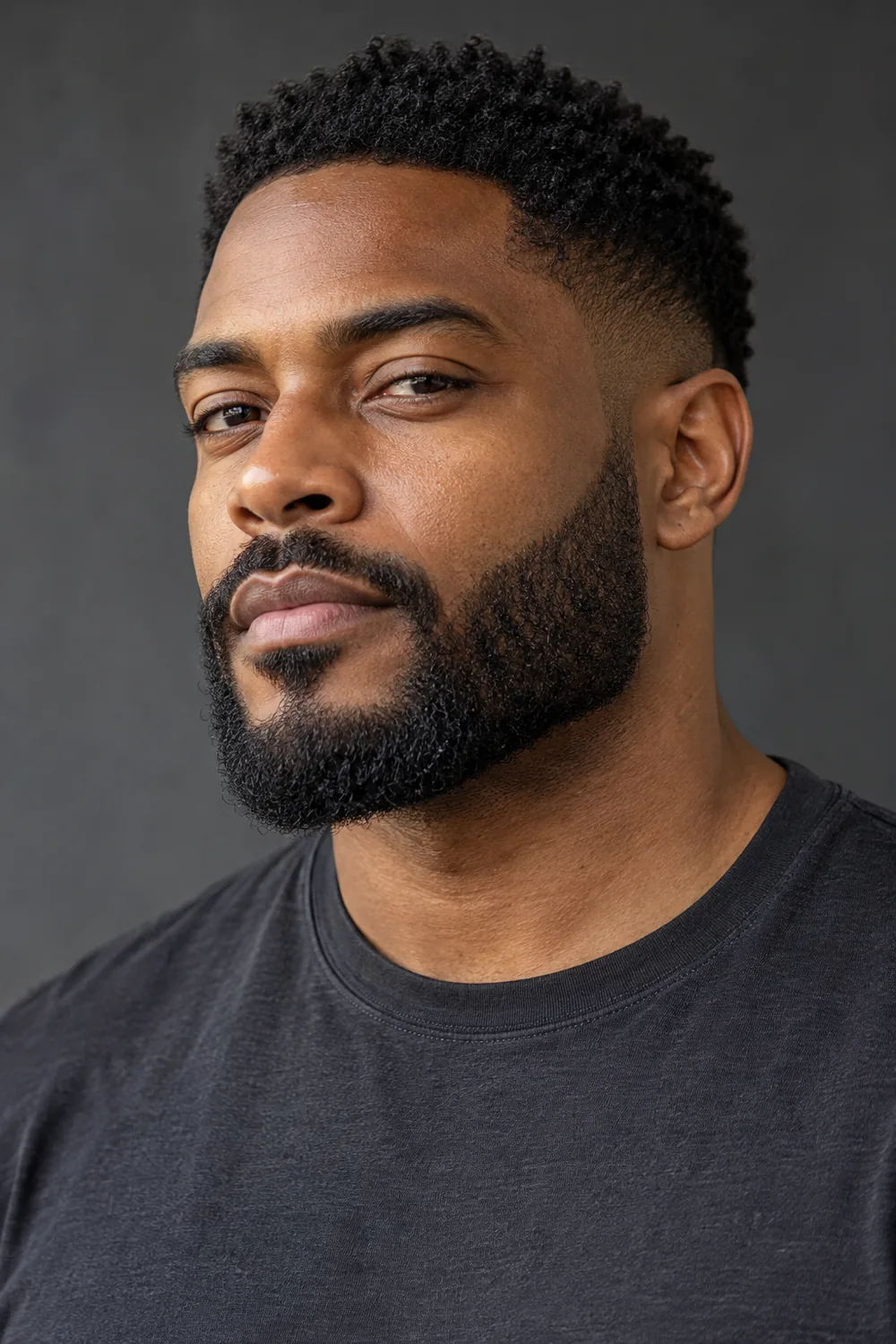 A Black adult man in a three-quarter view with a short, dense boxed beard, softly squared chin, natural cheek line, and connected mustache, wearing a charcoal crew-neck shirt against a plain gray background.