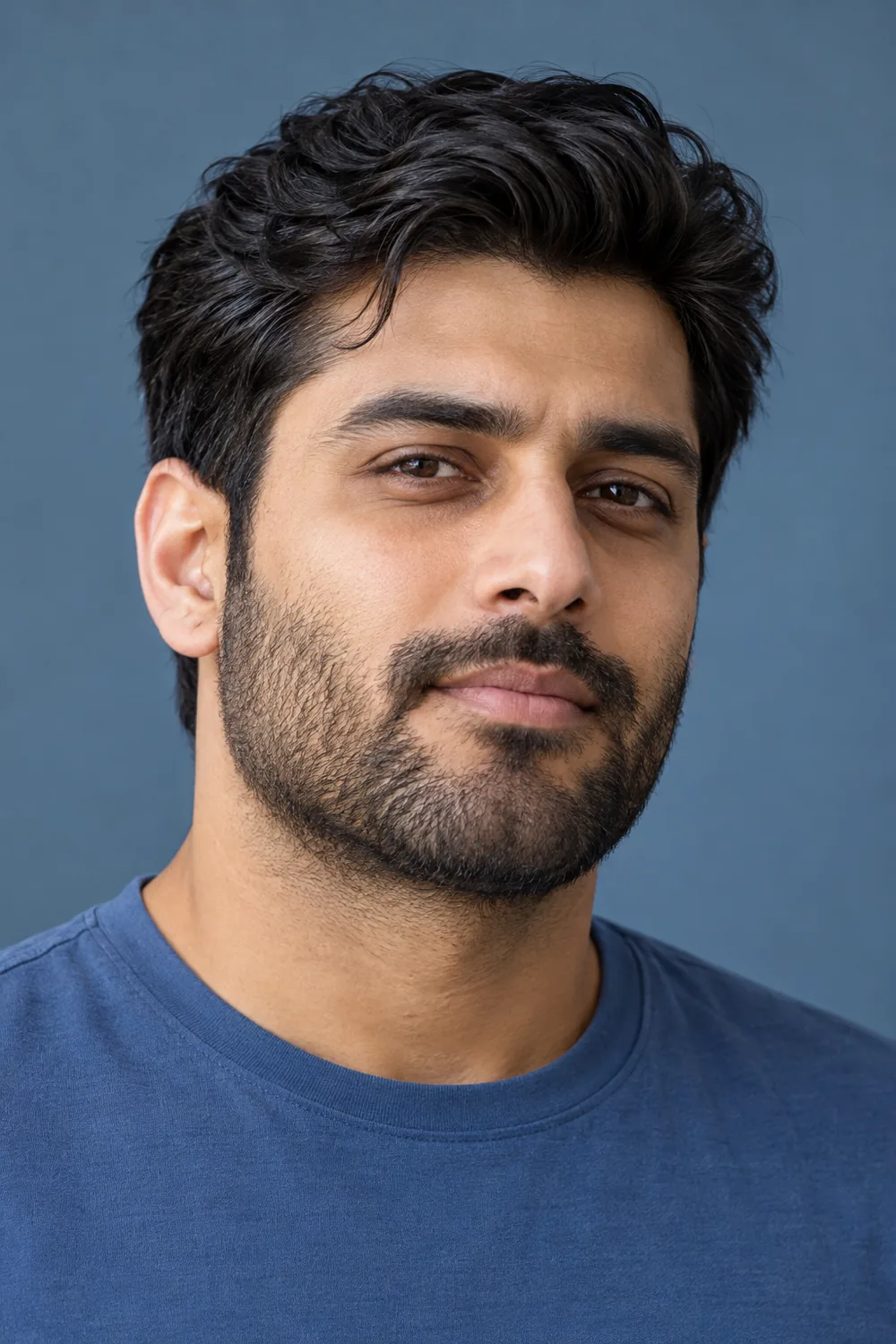 Three-quarter portrait of an adult South Asian man with dense dark heavy stubble, a soft cheek edge, connected short mustache, and broad angular jaw, wearing a muted blue crew-neck shirt.