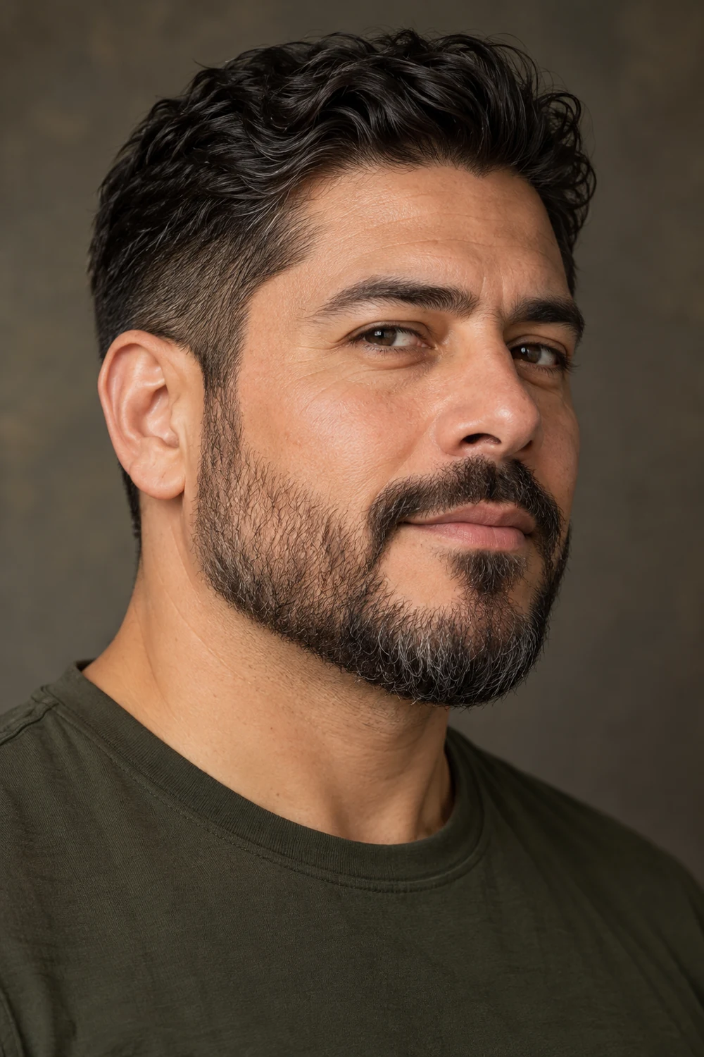 Adult man with a short, medium-density beard shaped into a rounded chin and a natural connected mustache, shown in three-quarter view.
