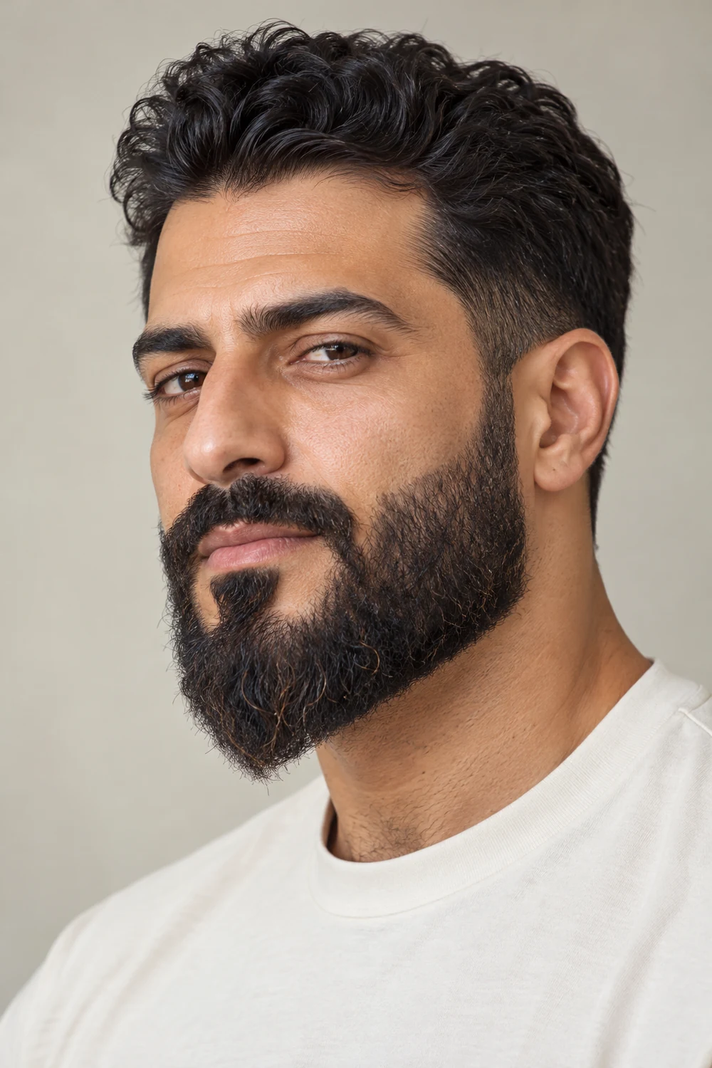 Three-quarter portrait of an adult man with a medium-length textured tapered beard, clean raised cheek line, gradual sideburn taper, and connected mustache.