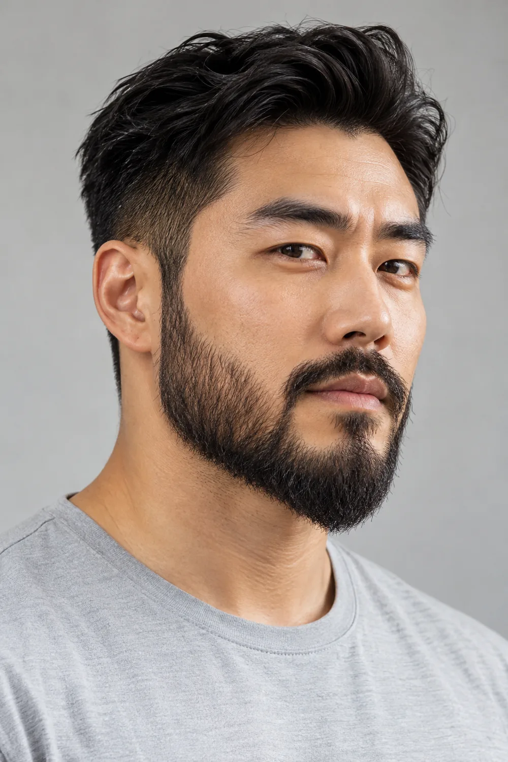 Three-quarter portrait of an adult East Asian man with a medium dark beard tapering to a pointed chin, connected mustache, and broad angular jaw.