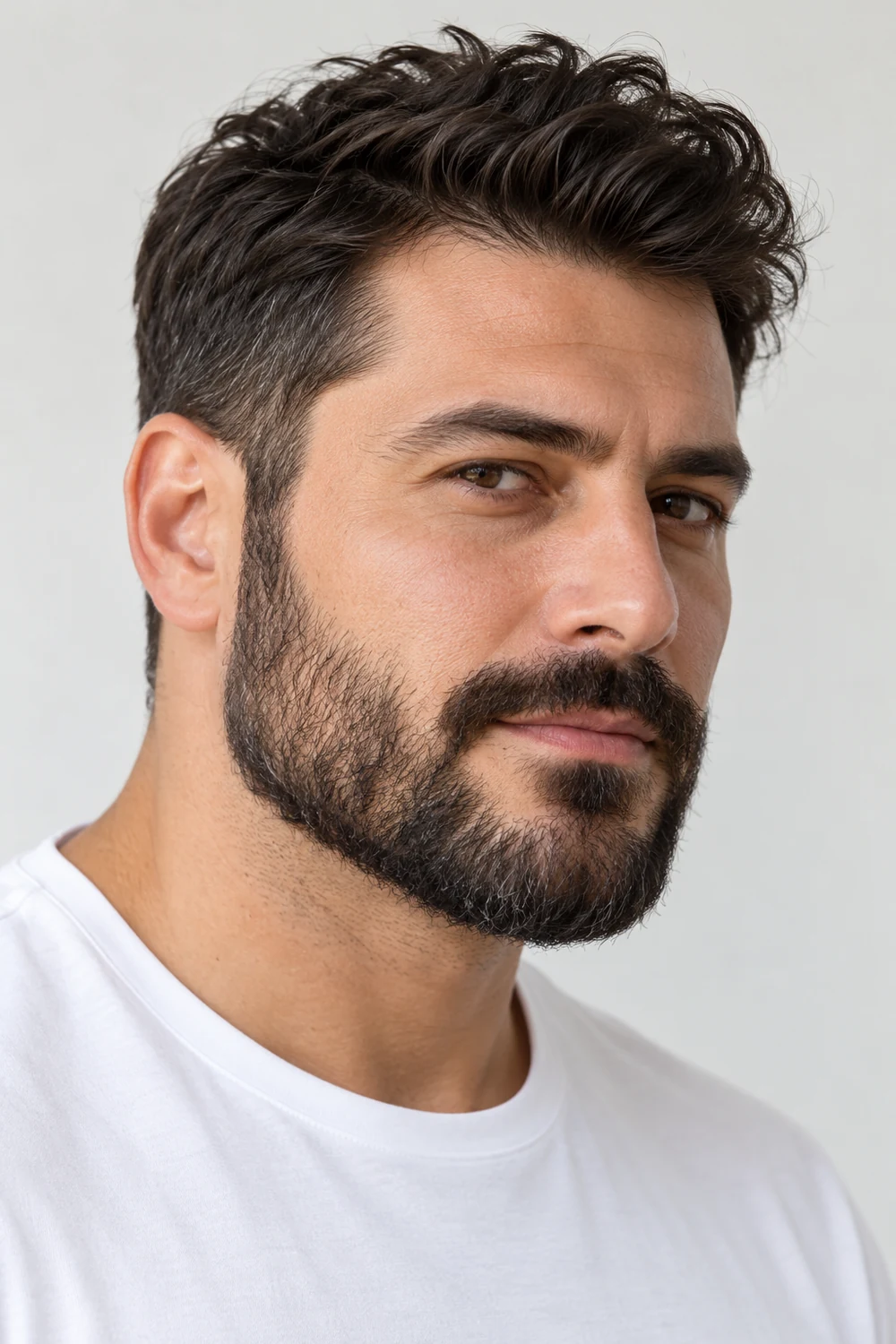 Adult man in a white crew-neck shirt with a short full beard, high shaped cheek line, softly square chin, and connected mustache, shown in three-quarter view.