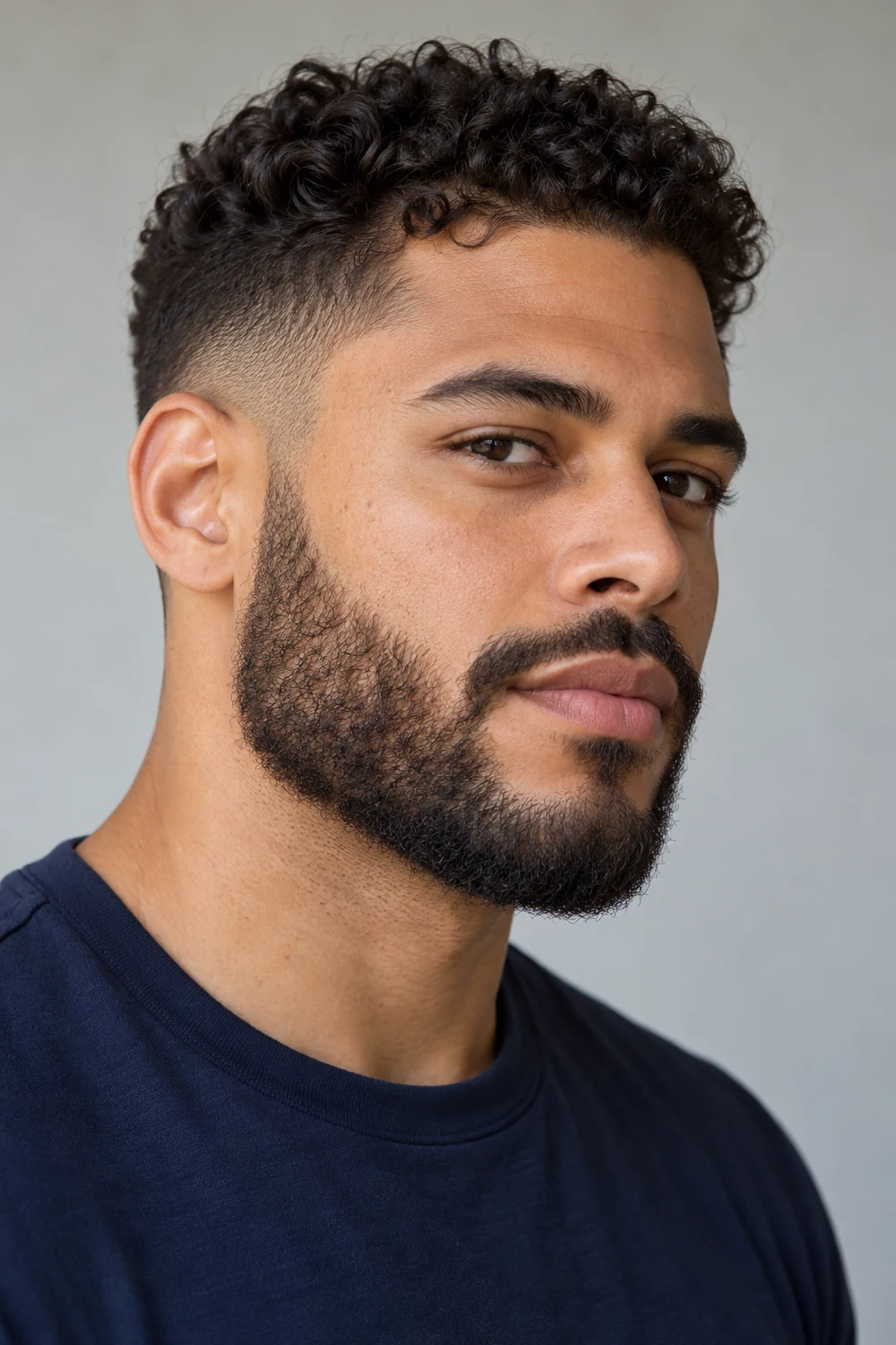 Adult man with a short beard and subtle faded sideburn transition, connected mustache, and rounded-square chin.