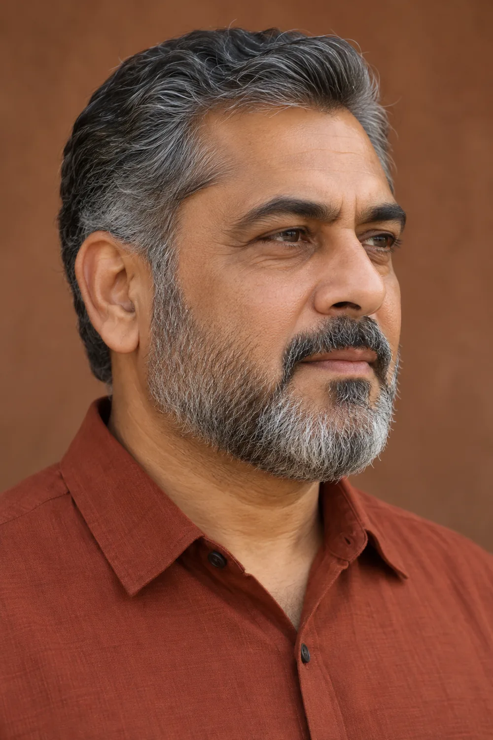 Three-quarter portrait of a 55-year-old South Asian man with a short rounded salt-and-pepper beard and mustache separated by shaved gaps at both corners of the mouth.