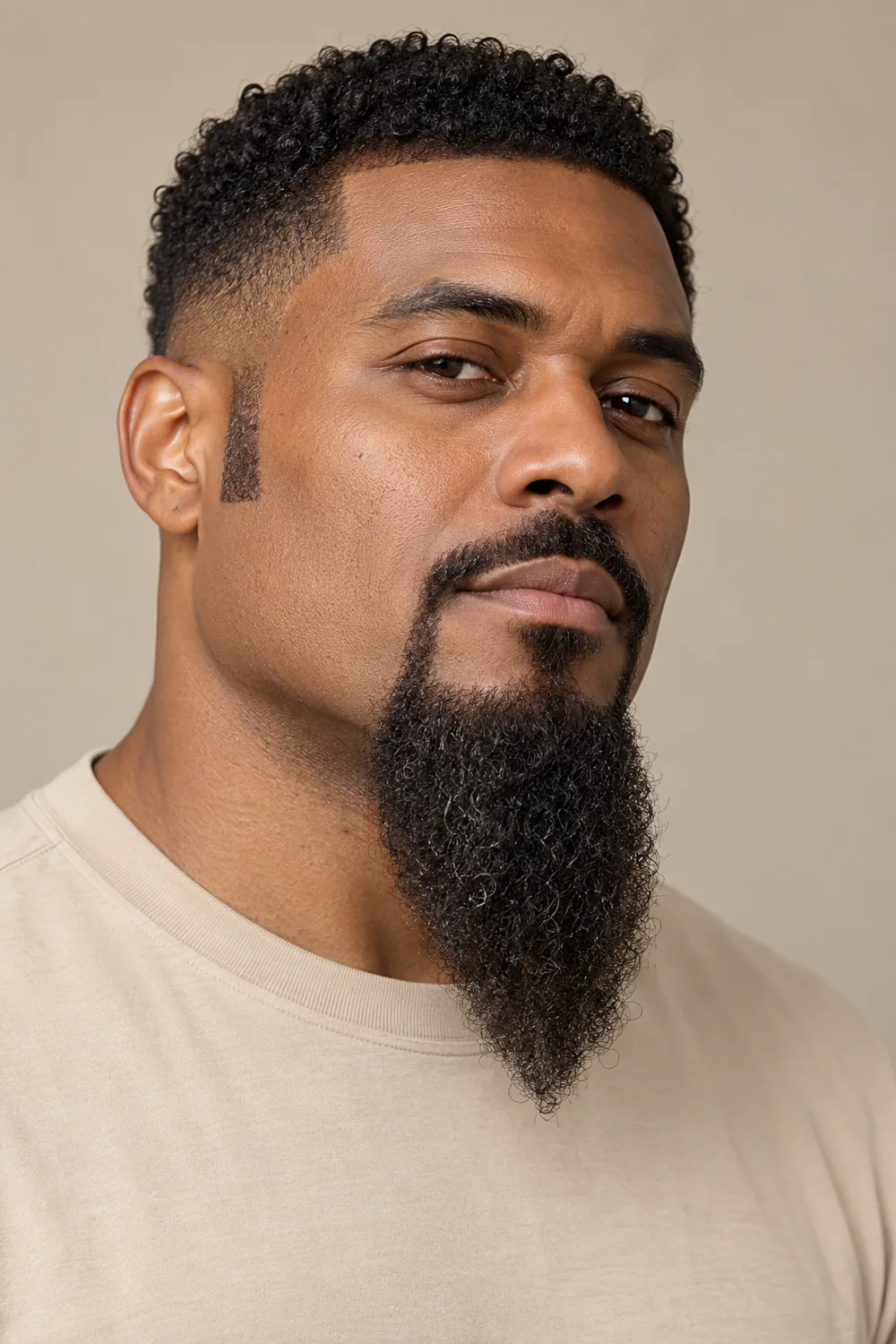 Adult Black man with a long central coiled goatee, clean-shaven cheeks, short sideburns, and a narrow connected mustache.