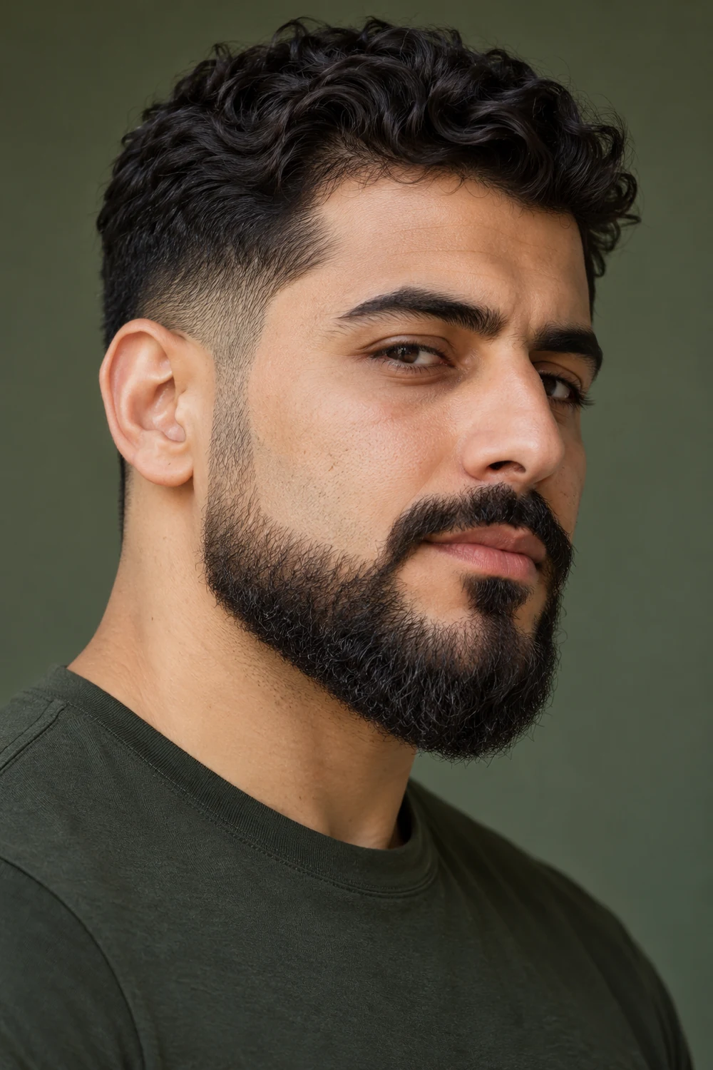 Three-quarter portrait of an adult man with an extended dark goatee tracing the lower jaw, shaved upper cheeks, and a connected mustache.