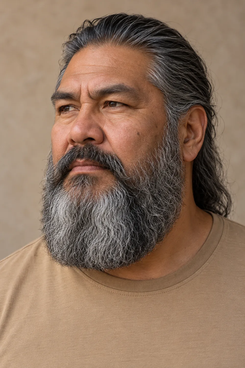 Adult man with a long, broad salt-and-pepper beard, squared lower edge, full sides, and substantial connected mustache.