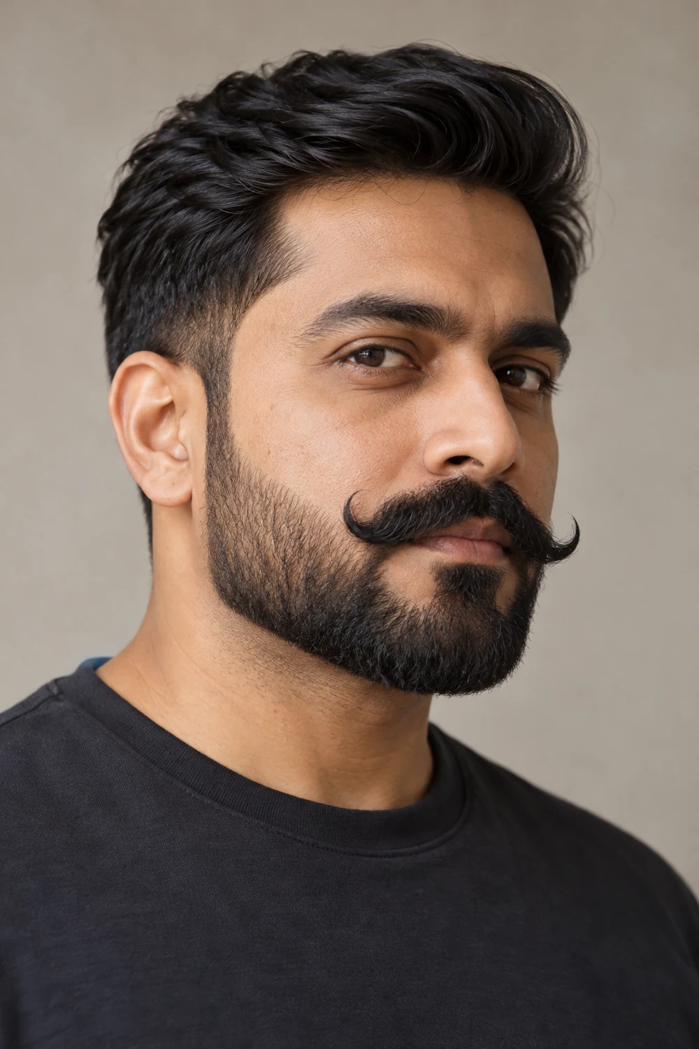 Three-quarter portrait of an adult man with a compact, sharply outlined boxed beard and broad handlebar mustache with upturned ends.